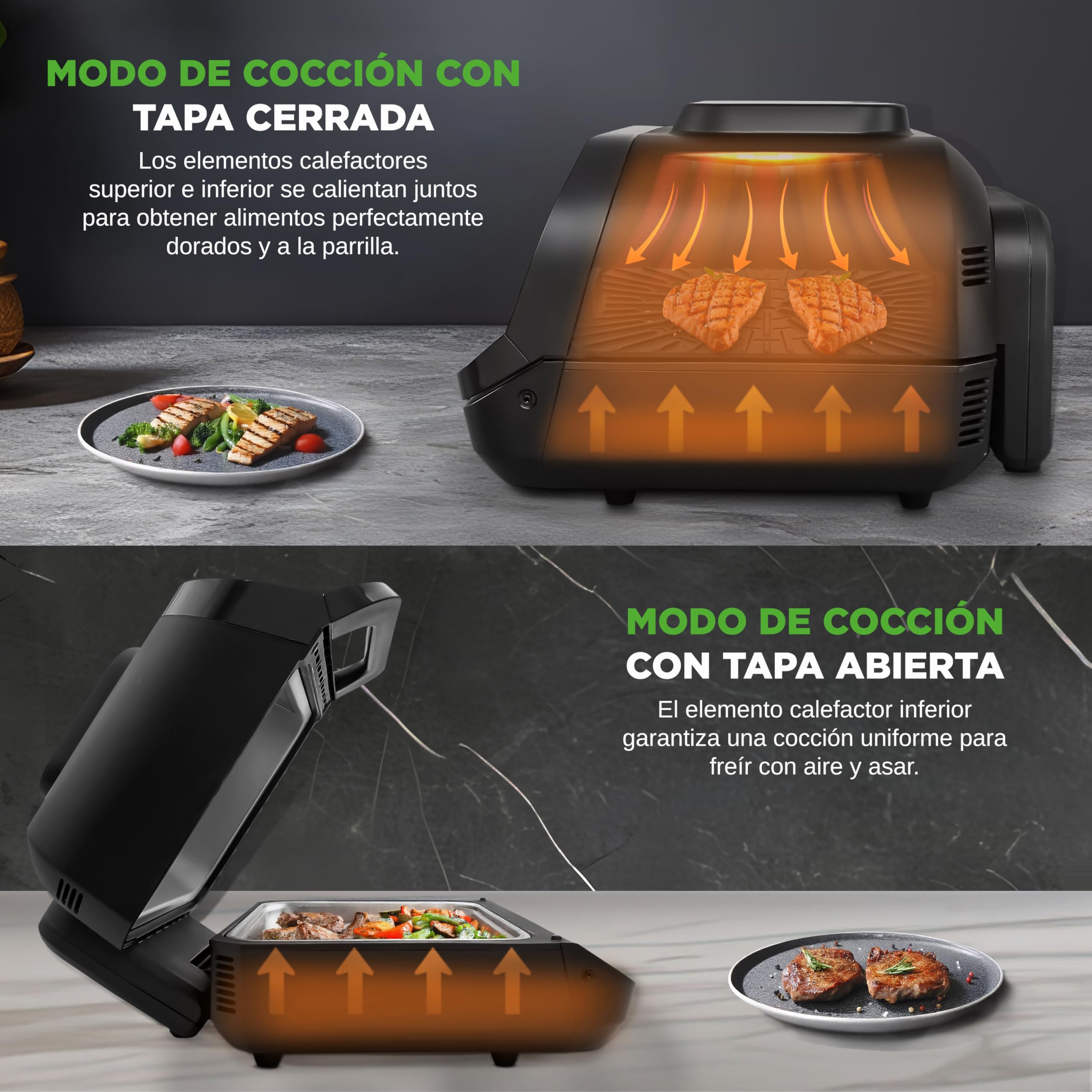 NutriChef Parrilla Electrica de Interior y Freidora de Aire 7 en 1 sin Humo, 6L, Termometro Integrado, Control de Temperatura, Placas Antiadherentes Desmontables