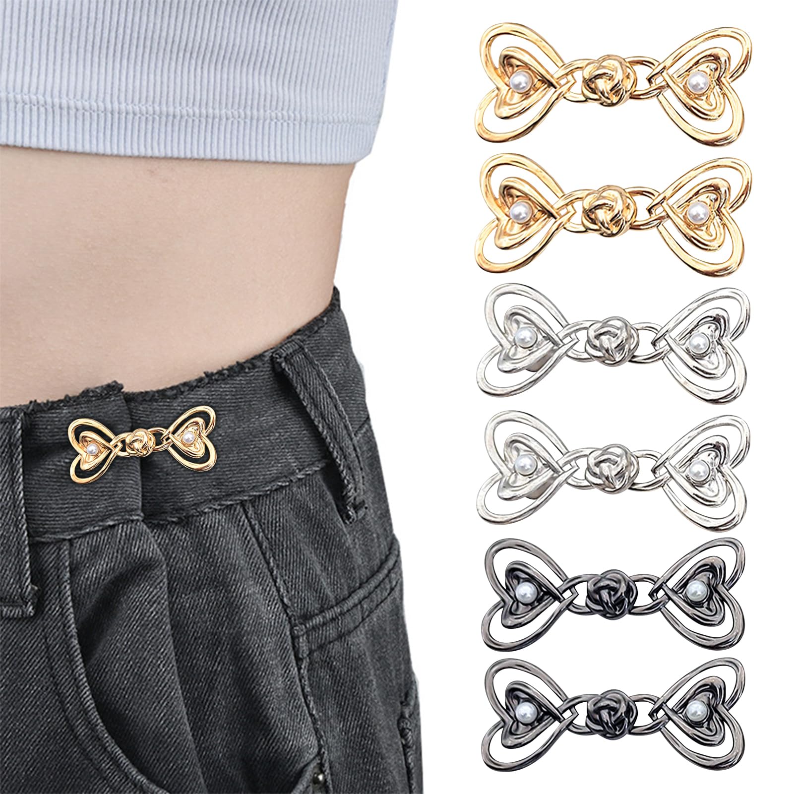 Lechisenop Women's Silver, Gold, Black 6 Pairs Waist Tightener Clips Pants Jean Clips To Tighten Waist, No Sewing Required Adjustable Heart Pant Trouser Waistband Tightener Clip For Loose Jeans, Skirts, Sleeves, Clothing Accessories