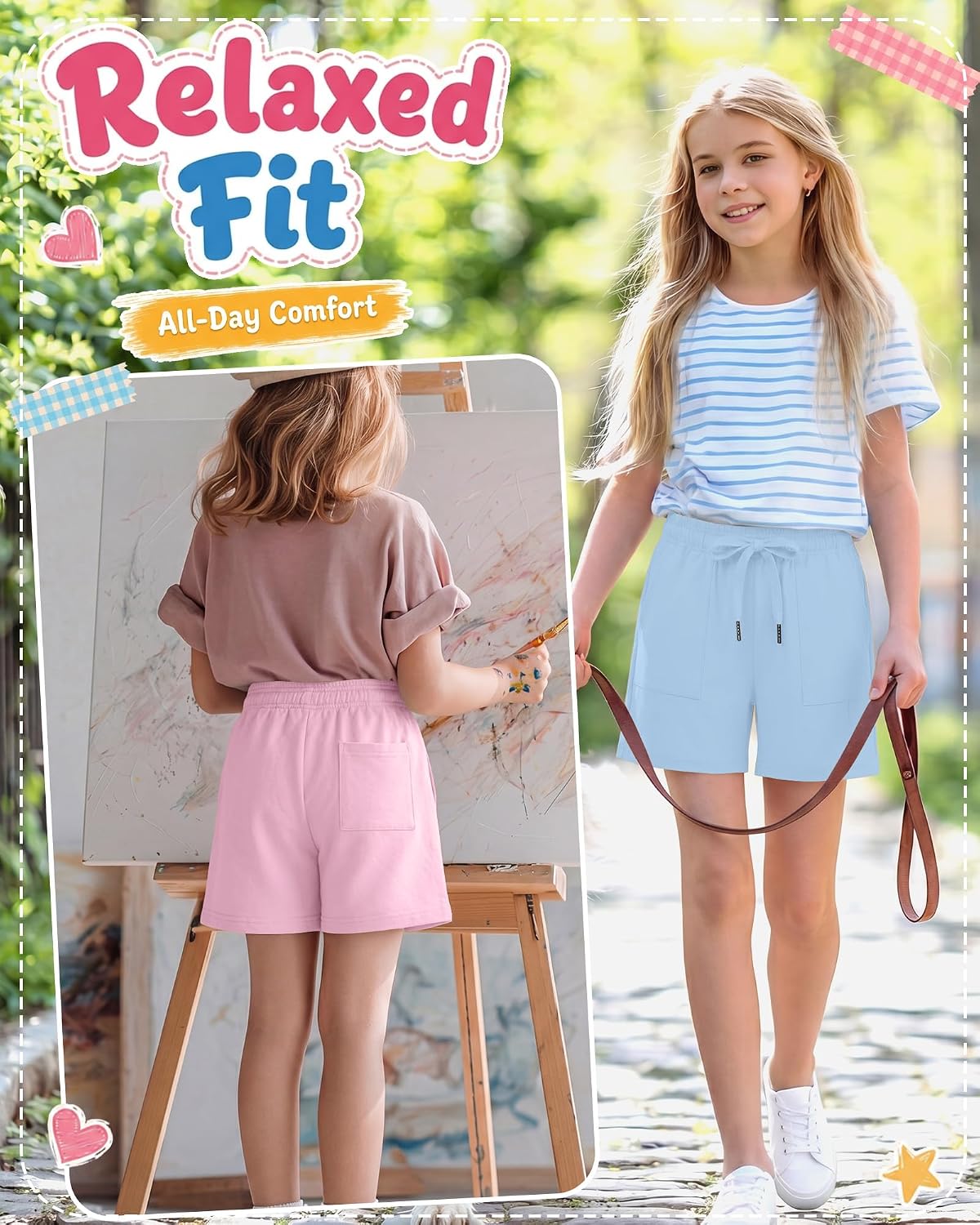 3 Pack Girls’ Shorts Baggy Wide Leg Sweatshort Kids Elastic Drawstring Summer Athletic Casual Shorts with Pockets