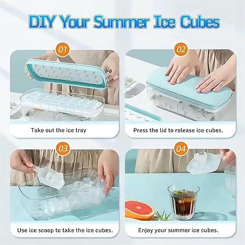 Miniatura 8 de Bandeja para cubitos de hielo con tapa y contenedor, 2 bandejas apilables para máquina de hielo para congelador, contenedor de hielo de fácil