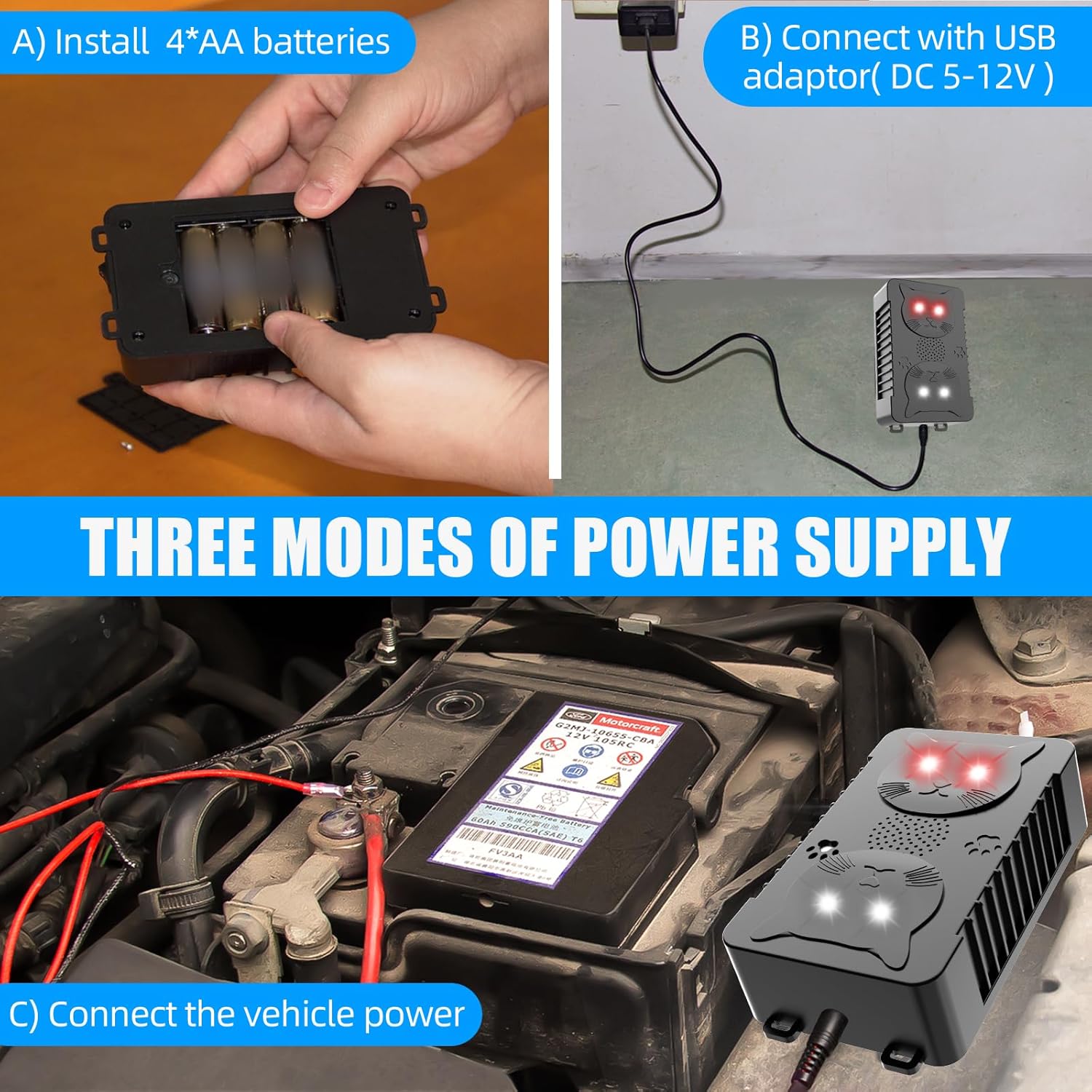 4Pack Ultrasonic Rodent Repellent for Car Engines,Under Hood Ultrasonic Mouse Repellent with 4 LED Strobe Lights,Plug-in&Battery Powered,Keep Rats,Mice,Squirrels Away from Vehicles,RVs,Garages,Attics