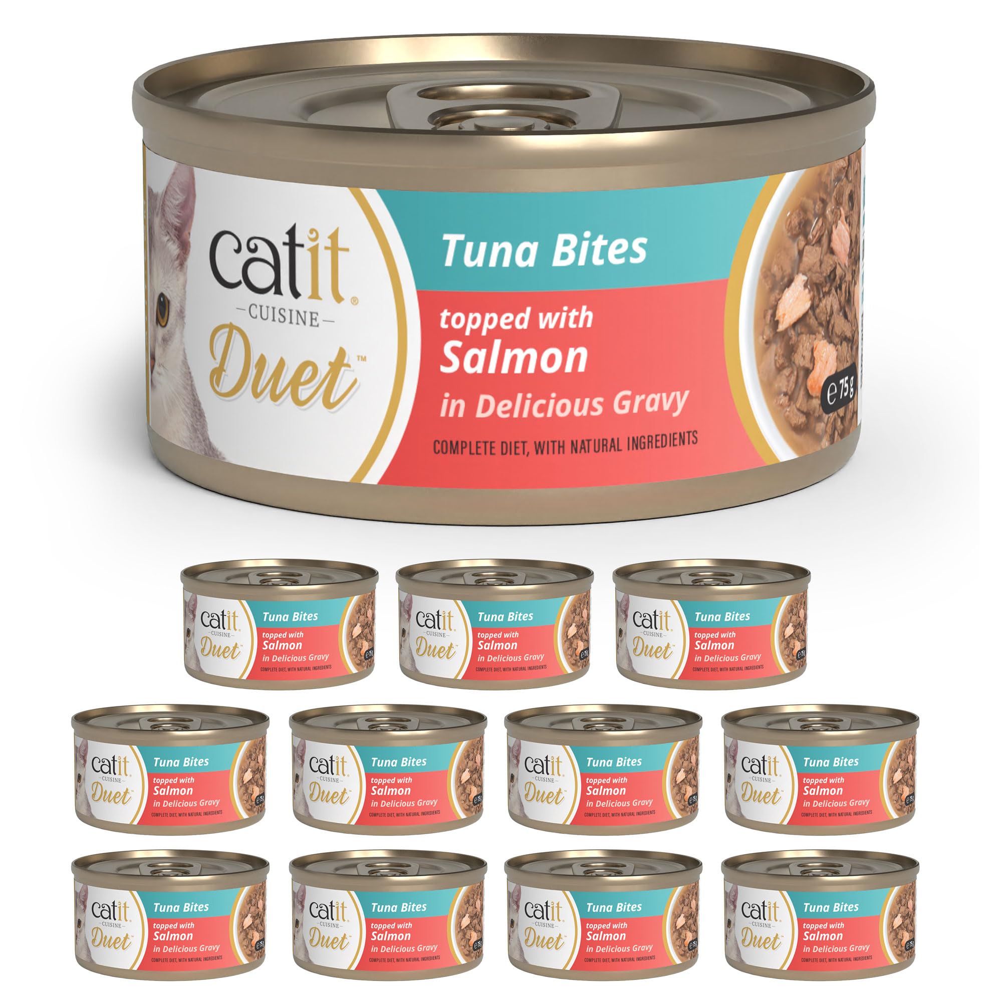 Catit Cuisine Duet, Tuna Bites topped with Salmon in Delicious Gravy, Grain Free Wet Cat Food for Adult Cats, High Meat Tinned Cat Food in Gravy 12 pack
