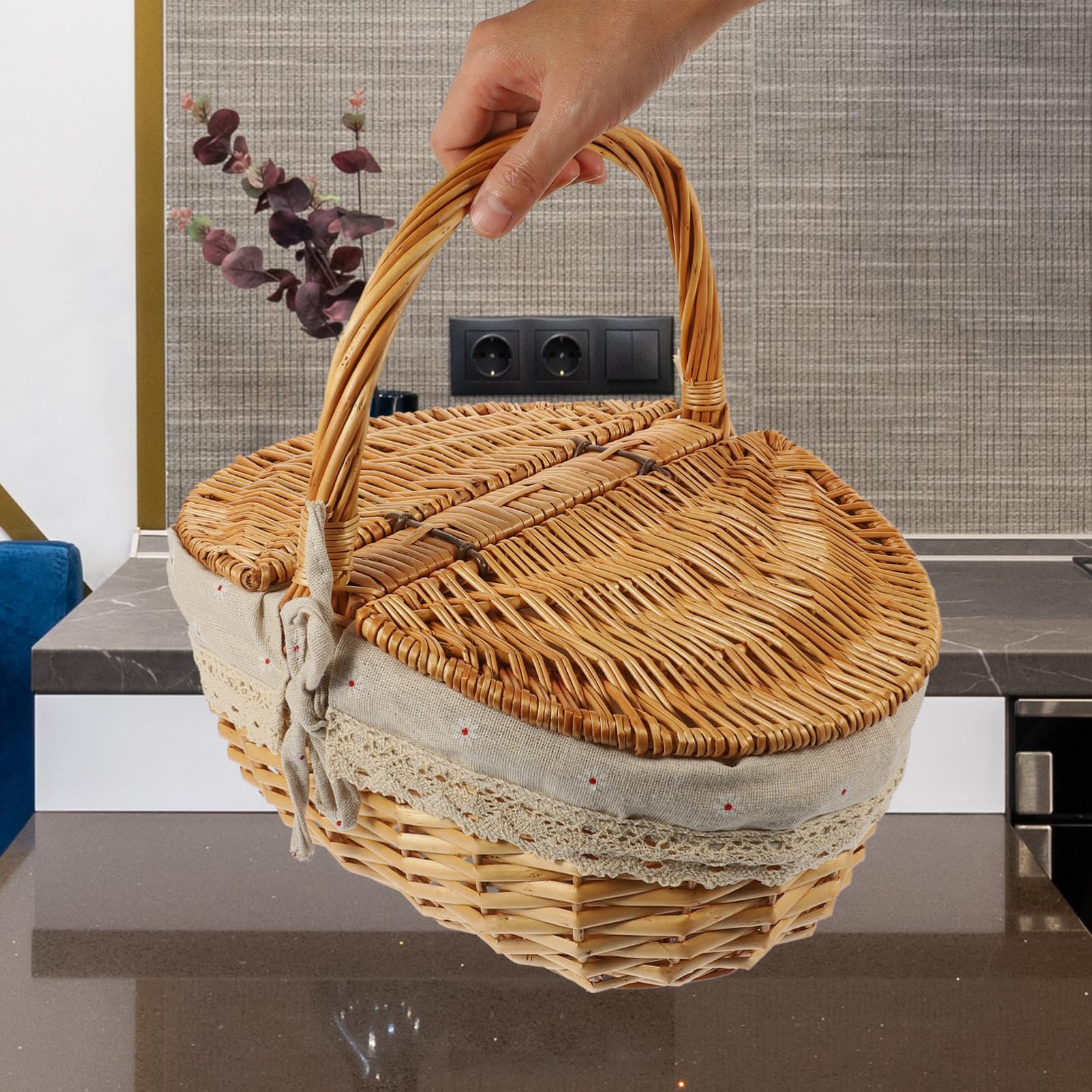 Toddmomy Flechtkorb Mit Deckel Und Griff Rattan Picknickkorb 13.8X9.8X6.7 Zoll Vielseitiger Aufbewahrungskorb Für Obst Brot Und Haushaltsgegenstände Ideal Für Picknick Und Garten