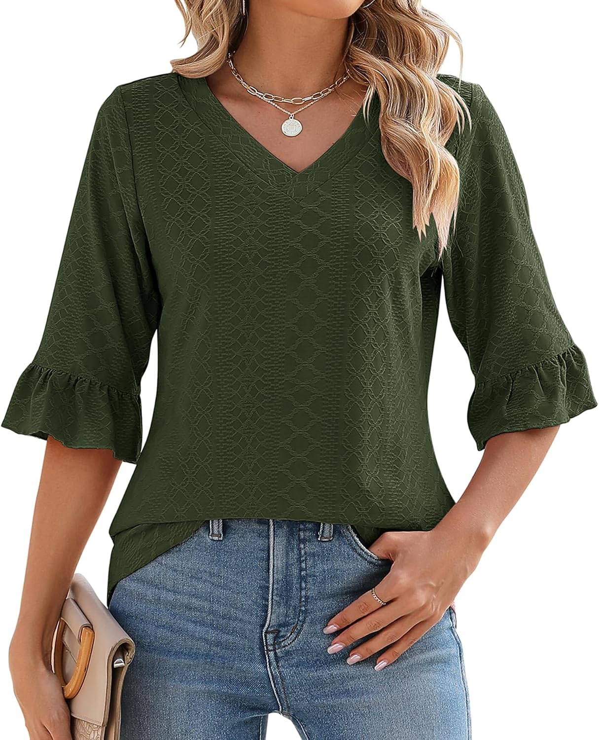 LOMON Womens 3/4 Sleeve Tops Summer Loose V-Neck Shirts Dressy Casual Ruffle Sleeve Tunic Blouses