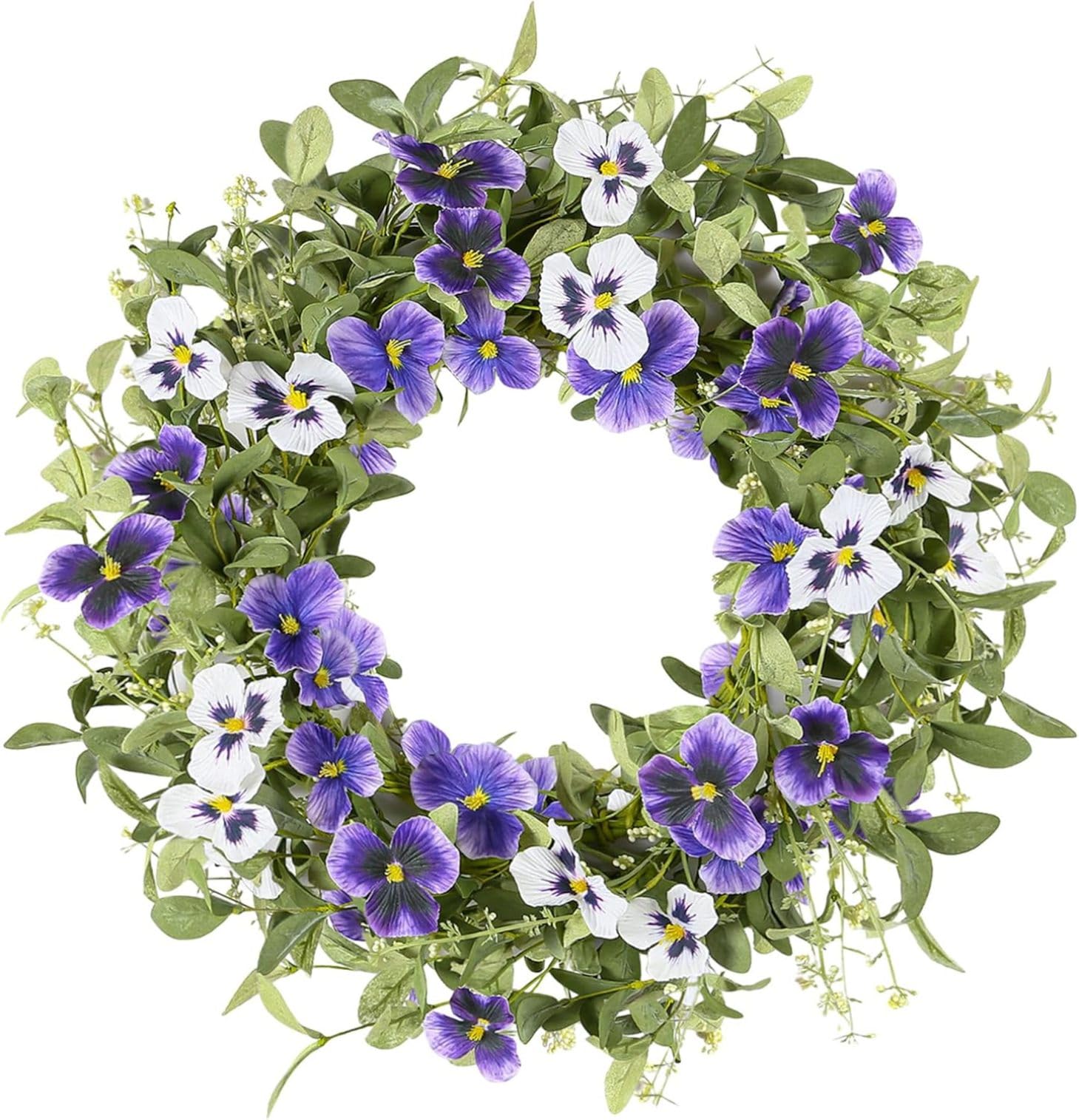 CNAFGBGG Spring Summer Front Door Wreath, 18 Inch Artificial Floral Wreath with Eucalyptus and Pansies for Farmhouse Wall Window Home Decor..