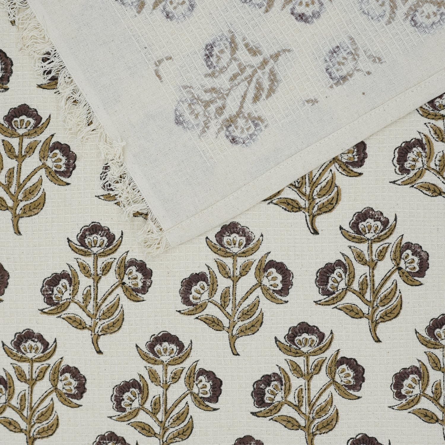 17X32 Inch Waffle Weave Hand Towels Set of 2 Chocolate Brown Floral Block Print Premium Absorbent Cotton, Lightweight & Soft, for Kitchen, Bath Use, Bael Patra