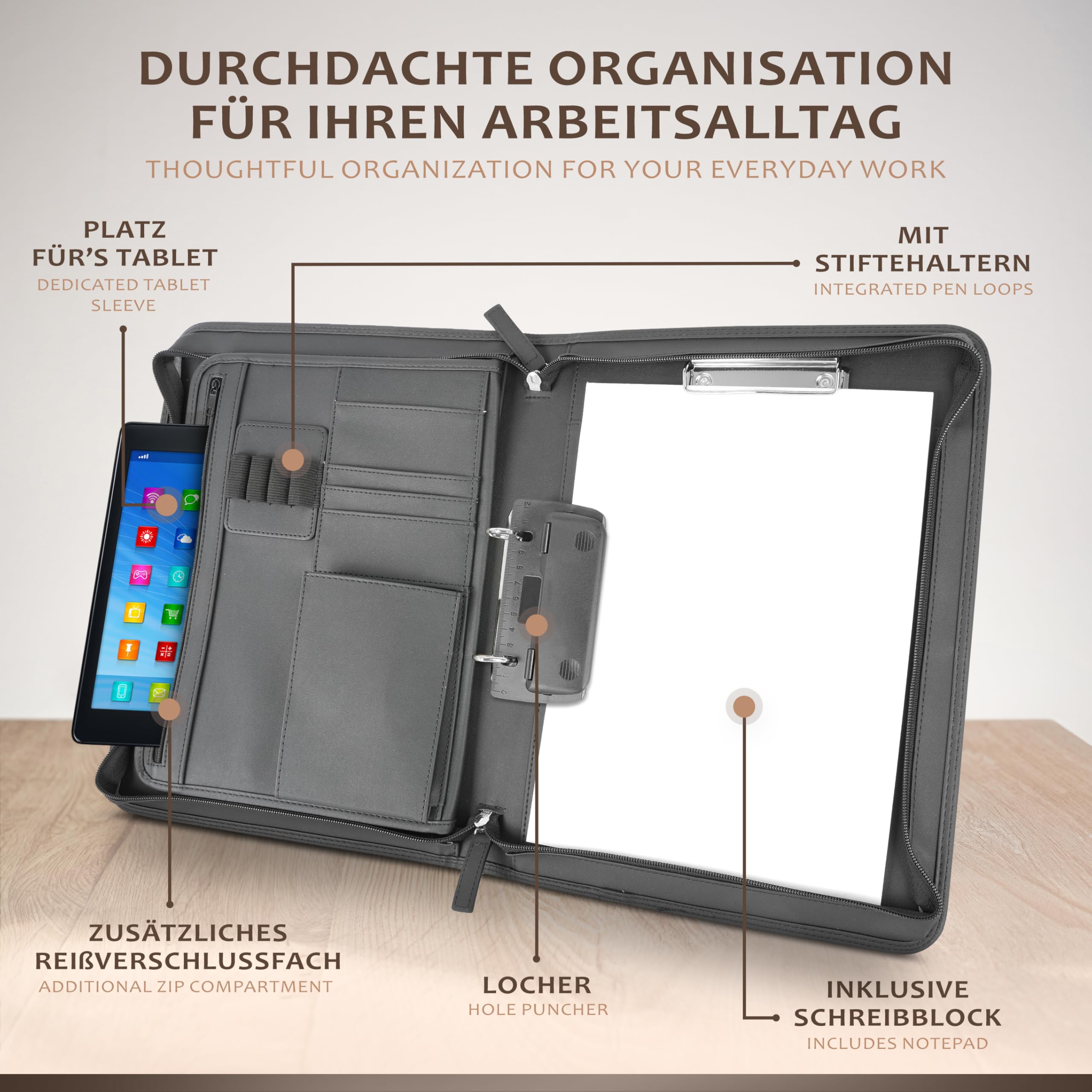 ONVAYA® Konferenzmappe A4 mit Reißverschluss & Ringbuch - Schreibmappe aus Kunstleder - Dokumentenmappe mit Schreibblock & Locher - Business Mappe für Meetings - Praktische Aktenmappe