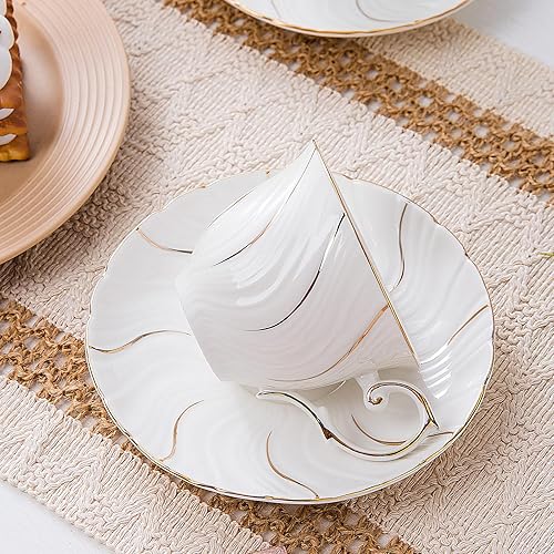 Miniatura 5 de Juego de 6 tazas de té, taza de té y platillo, 6 onzas para té, café, latte, café moca, juego de fiesta de té de porcelana (blanco con hilo dorado,