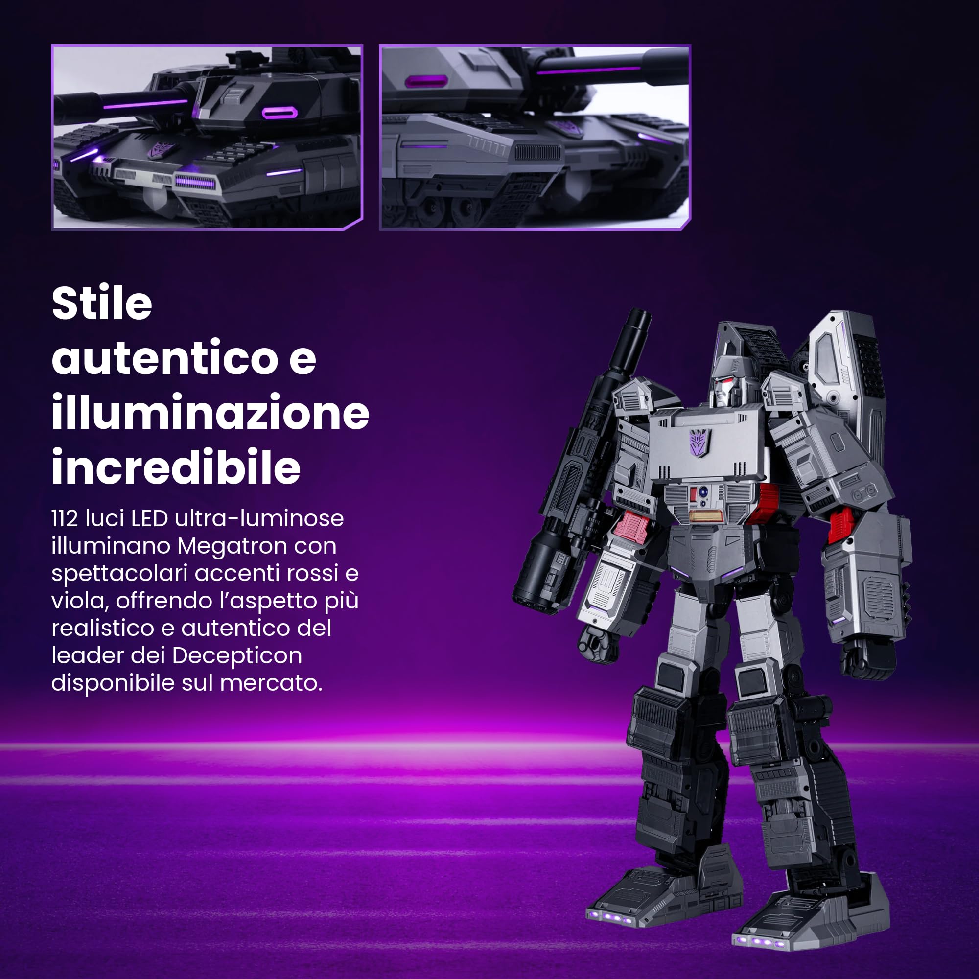 Robosen Flagship Megatron Robot Auto-Trasformabile | Controllo Vocale e App | Modalità Robot e Carro Armato | 36 Servomotori, 118 Microchip, 112 LED | Collector Premium