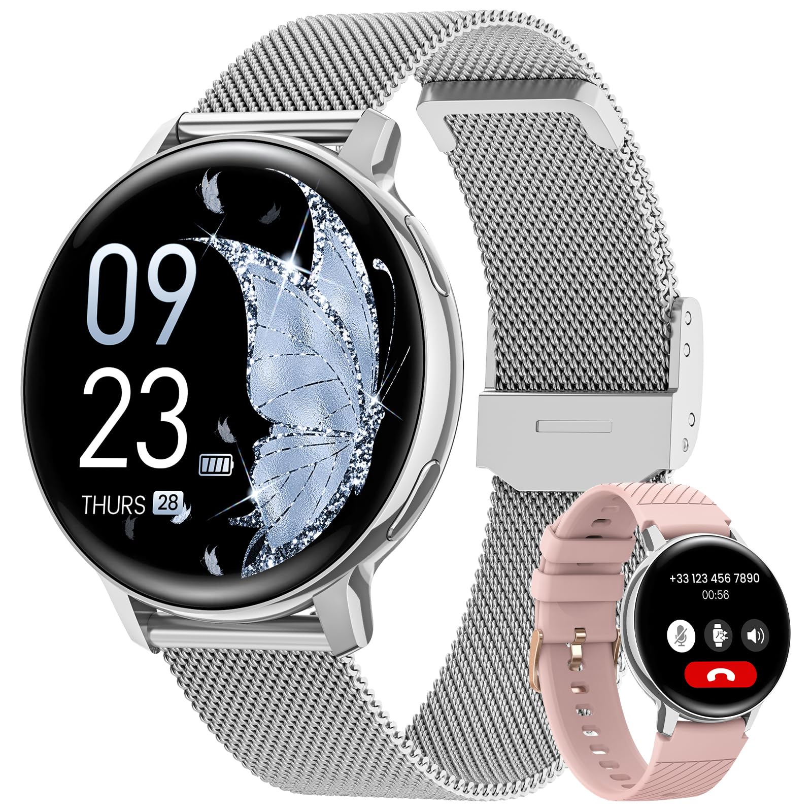 Sanorum Smartwatch Donna, 1.39" Orologio Smartwatch con Chiamate, Fisiologia Femminile, 24H Cardiofrequenzimetro SpO2, Sonno, 120+ Sport, Notifiche, Smart Watch Fitness per iOS Android Argento