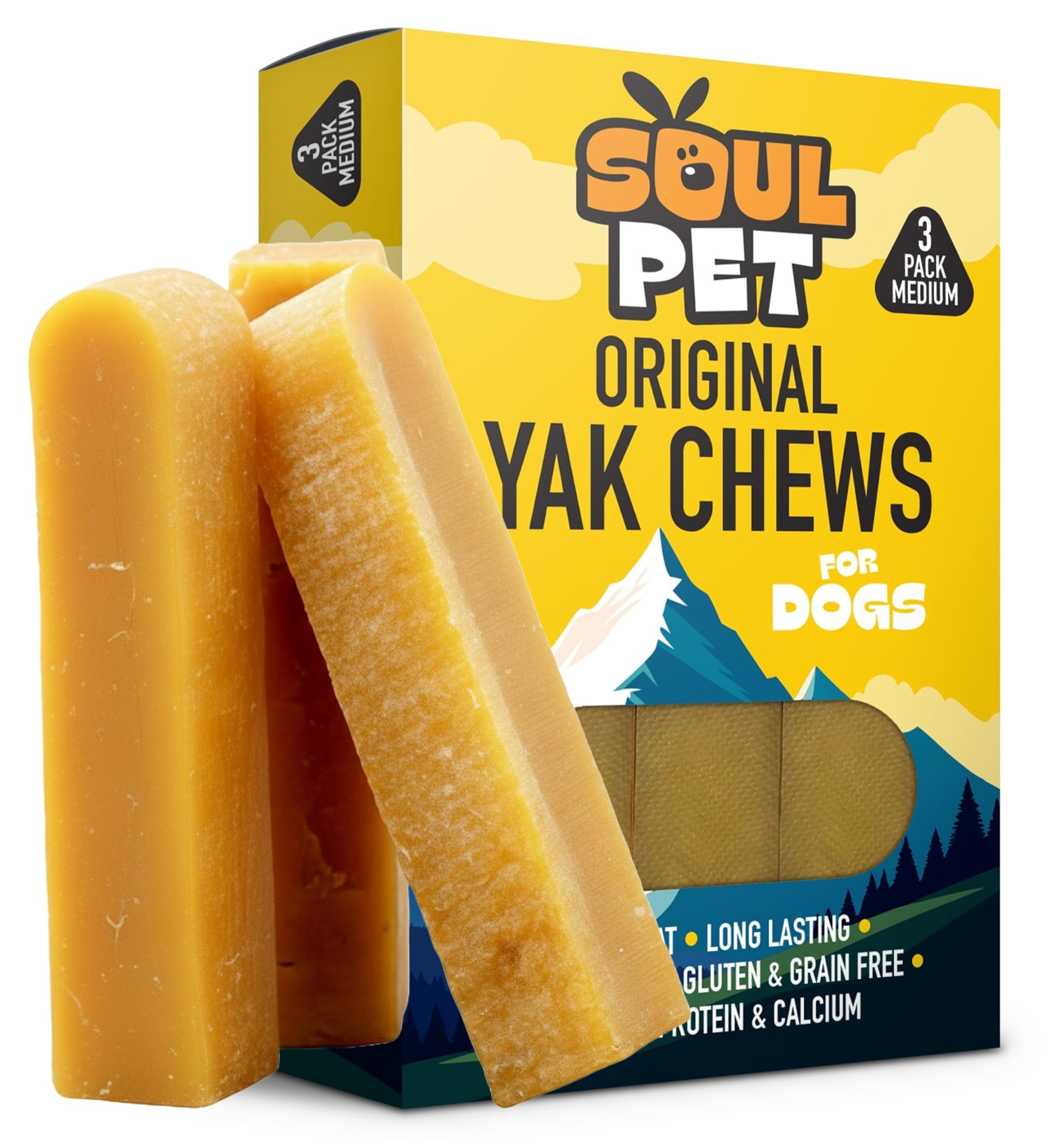 Soul Pet – Original Box of 3 Medium Yak Chews for Dogs | 100% Natural Himalayan Cheese Treats | Long-Lasting, Healthy Dog Chews | Grain-Free, High Protein Dental Treats