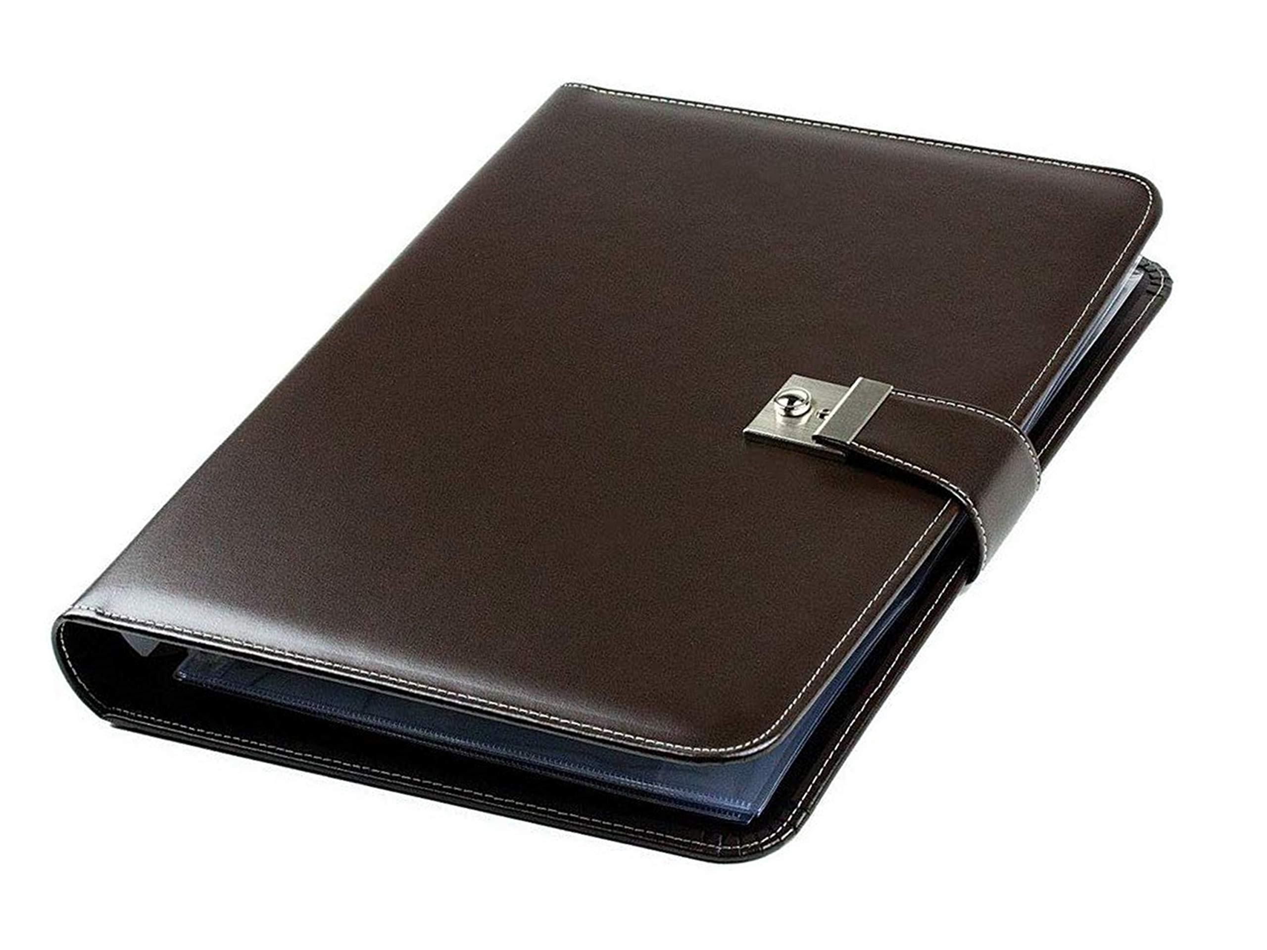 DELMON VARONE - Personalisierbare Dokumentenmappe DIN A4 mit Schloss & Schlüssel inkl. 10 Klarsichthüllen, Cambridge Top Grain Leder braun, Ringbuch Ordner Sammelmappe mit Verzeichnis für Zeugnis