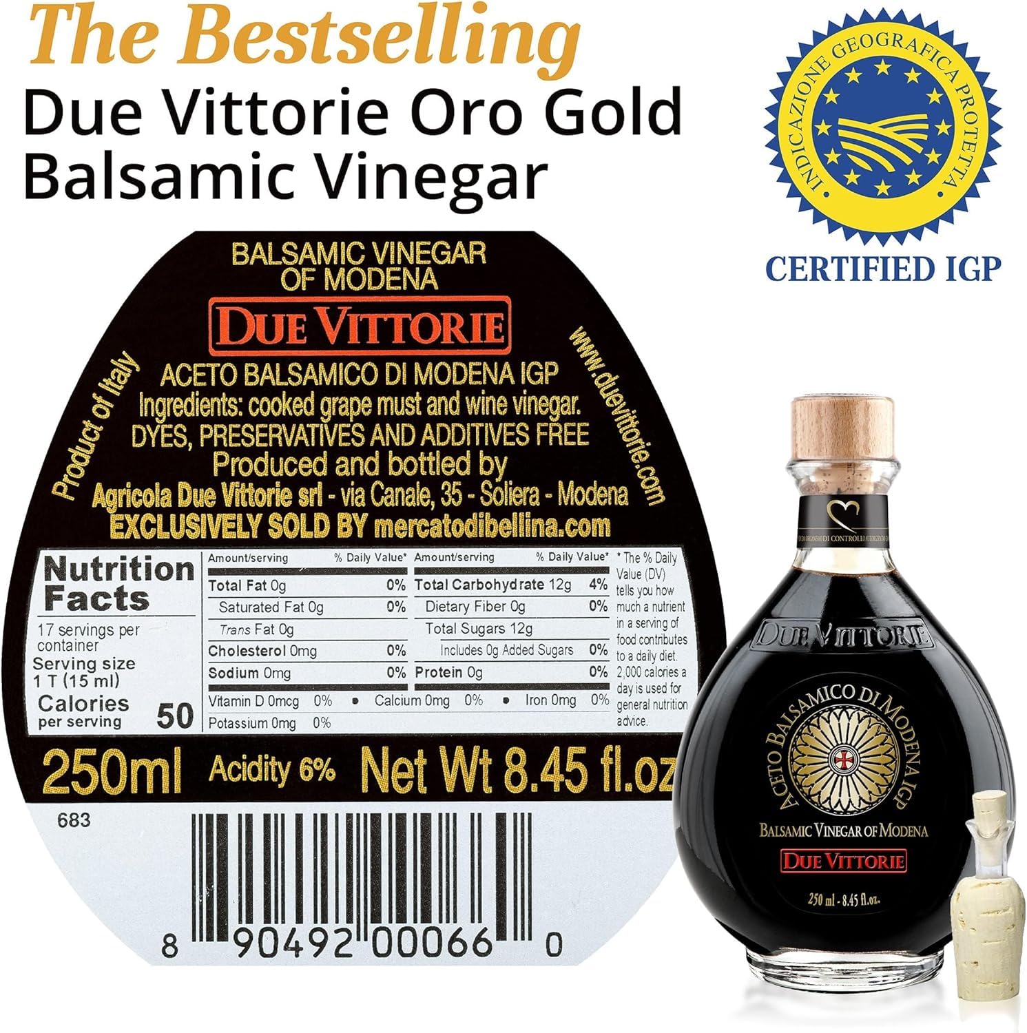 Italian Gourmet Due Vittorie Aceto Balsamico di Modena IGP – Pack 6 x 250 ml (1,5 L Total) – Vinaigre Balsamique Italien de Modène IGP, Saveur Douce-Acidulée, Idéal Salades + Italian Gourmet Polpa