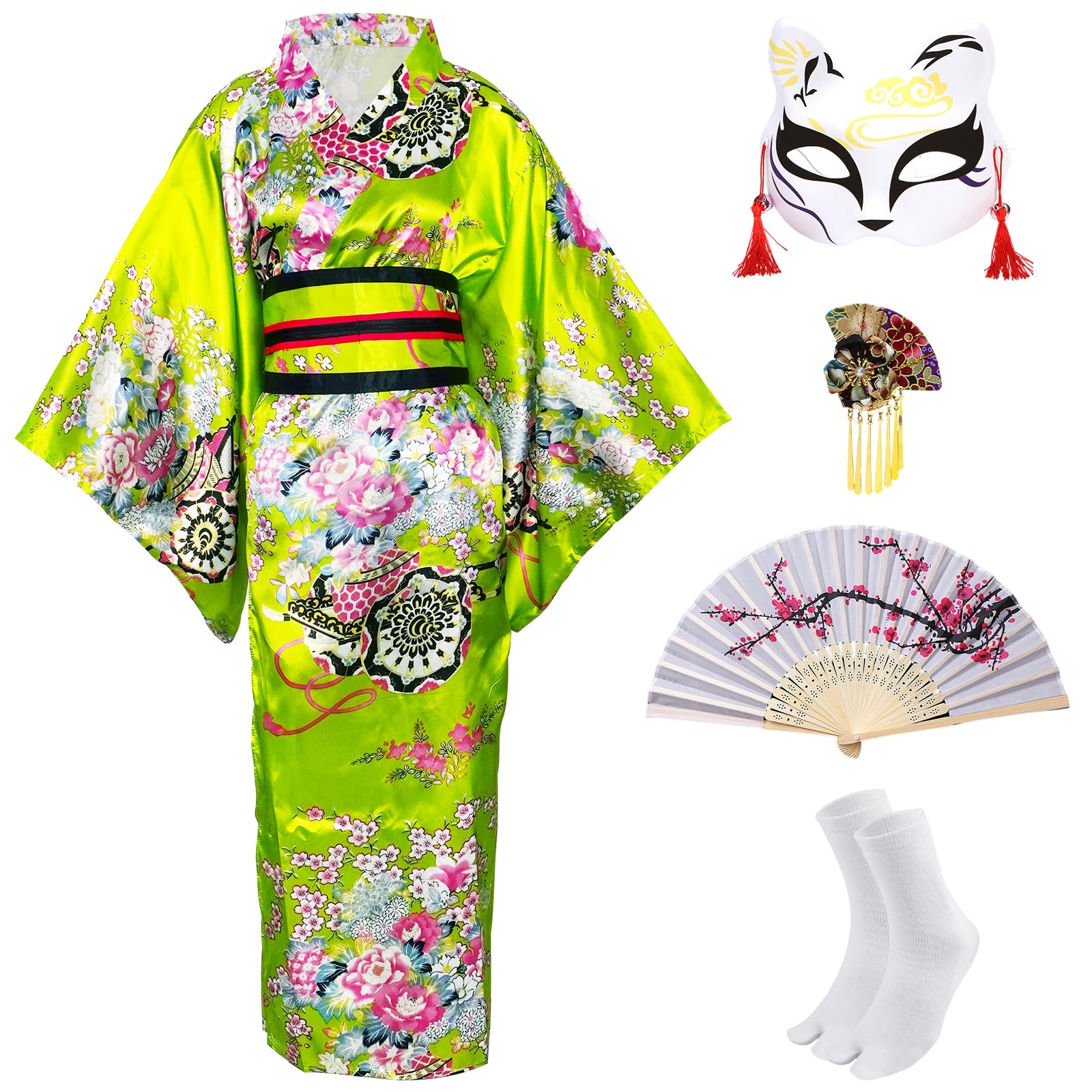 5 Pièces Kimono Japonais Femme, Tenue de Yukata Style Set avec Éventail, Maske, Cheveux, Carnaval Costume, pour Fête ou Spectacle