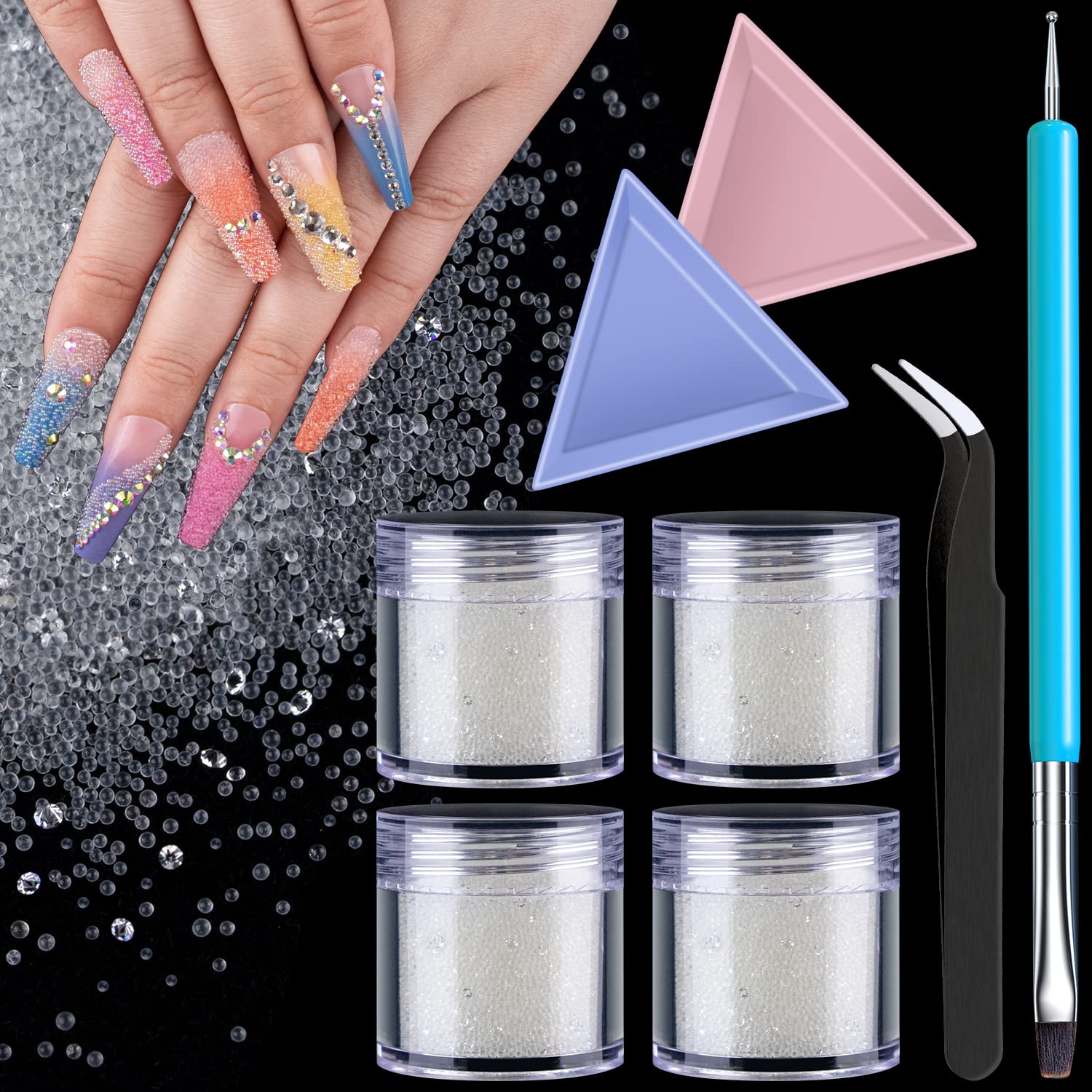 4 Pots of Micro Pixie Caviar Beads Nail Rhinestones Crystals for Nail Art Set #3, Clear Round Iridescent Long Lasting Shine Rhinestone Bead Gem Jewelry Diamond