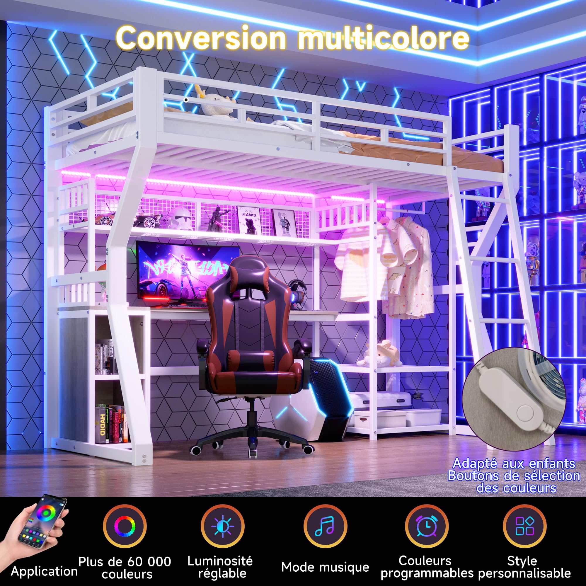 Lit Mezzanine Enfant 90x200cm avec Bande LED et Prise Électrique,Lit Superposé 1 Places en Métal avec Penderie,Bureau, Rangements,Étagères,Cadre de Lit Simple per Ado,sans Matelas,Blanc
