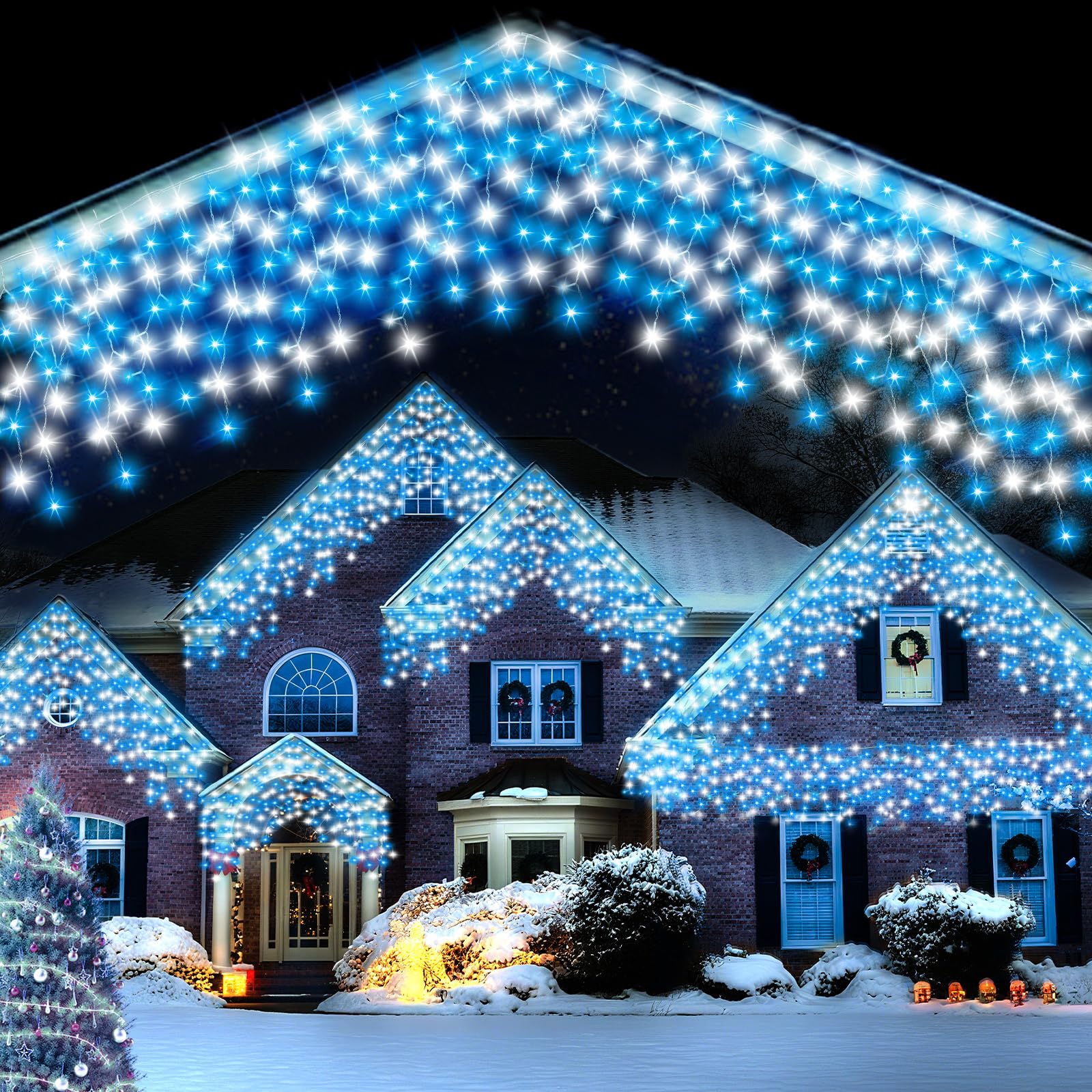 FFZZKJ Christmas Icicle Lights Outdoor Blue White 480LED 50FT Icicle Christmas Lights with 8 Modes Timer Waterproof, for Eaves, Pavilion, Fences, Patio, Gardens, White&Blue