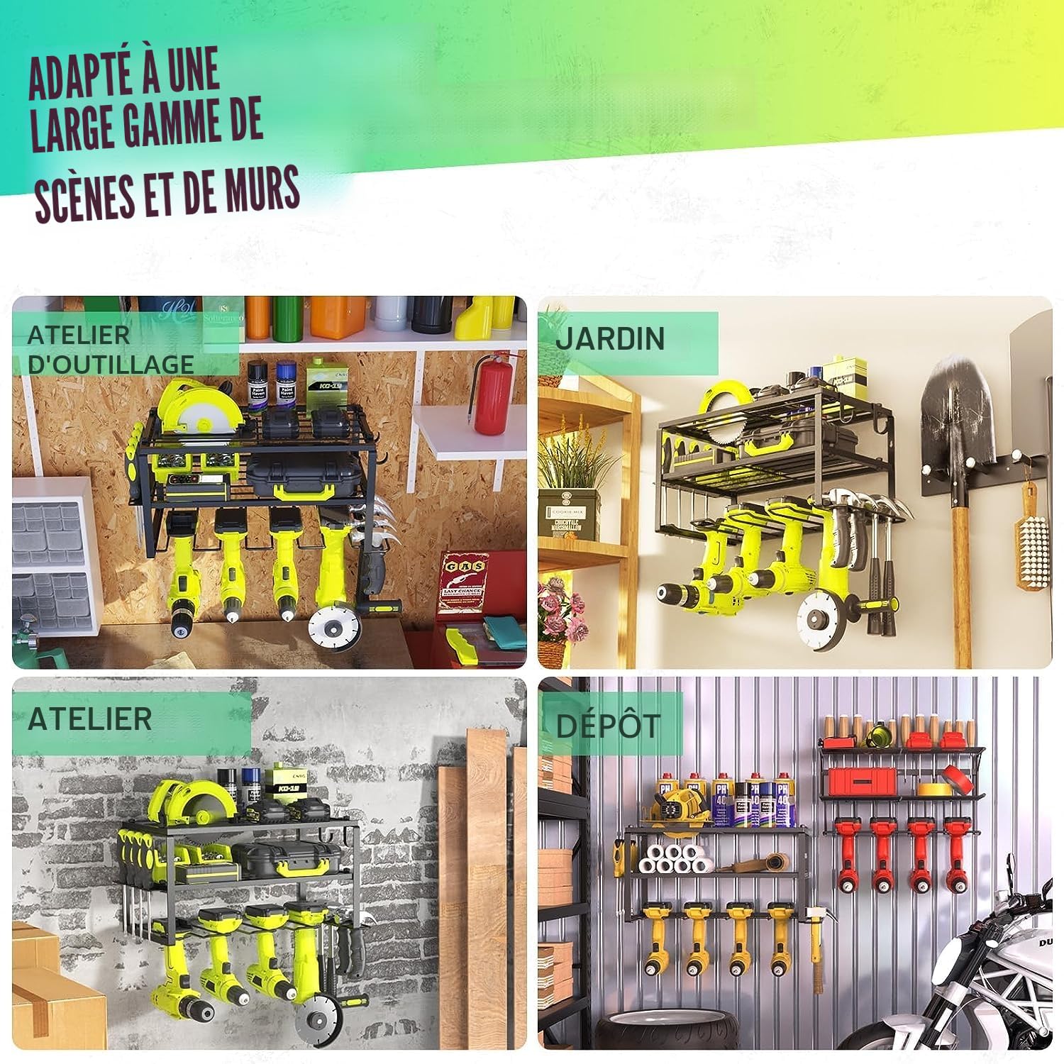Weldun Lot de 2 organisateurs muraux pour outils électriques, porte-outils pour 4 perceuses, 3 emplacements, avec support de tournevis latéral pour garage, atelier