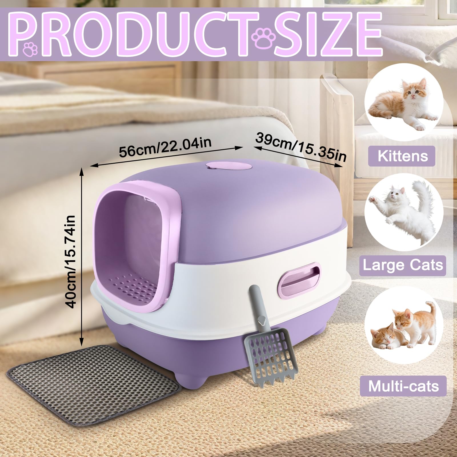 Large Cat Litter Box with Cat Litter Scoop, Foldable Litter Box with Lid, Front Entry and Exit Leak-Proof Litter Cat Box, Odor Control, Easy to Clean (Purple)