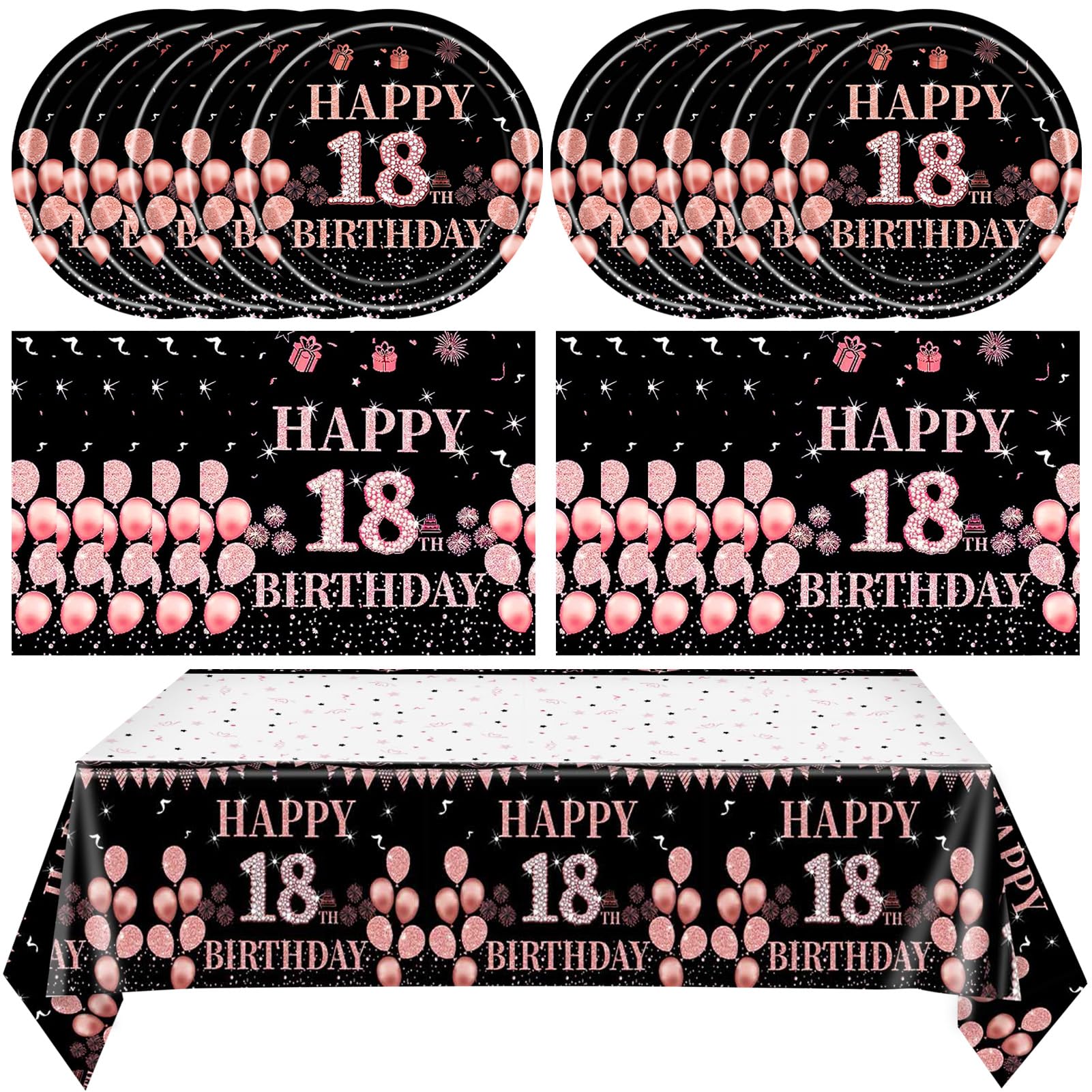 41Pcs 18th Birthday Decorations for Girls Black Rose Gold Happy 18th Birthday Napkins Tablecloth Plates Disposable Cake Tableware Set for Girls Kids 18 Year Old Girl Birthday Decorations Serves 24