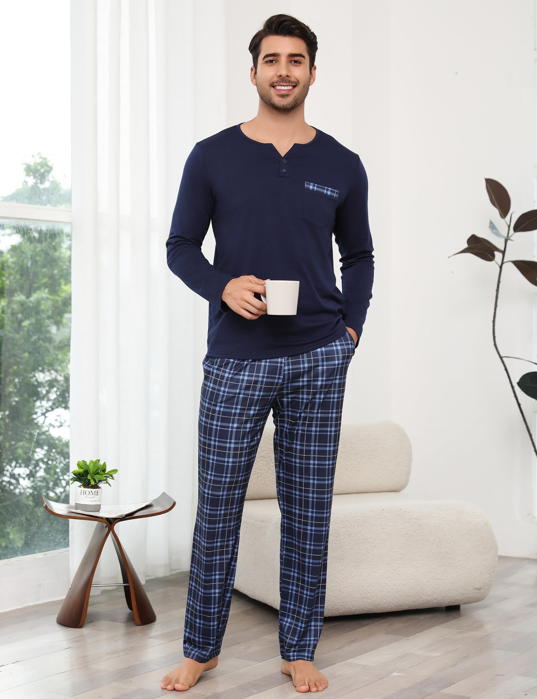 Bresdk Schlafanzug Herren Pyjama Set Lang Baumwolle mit 2 Knöpfen Zweiteilige Nachtwäsche
