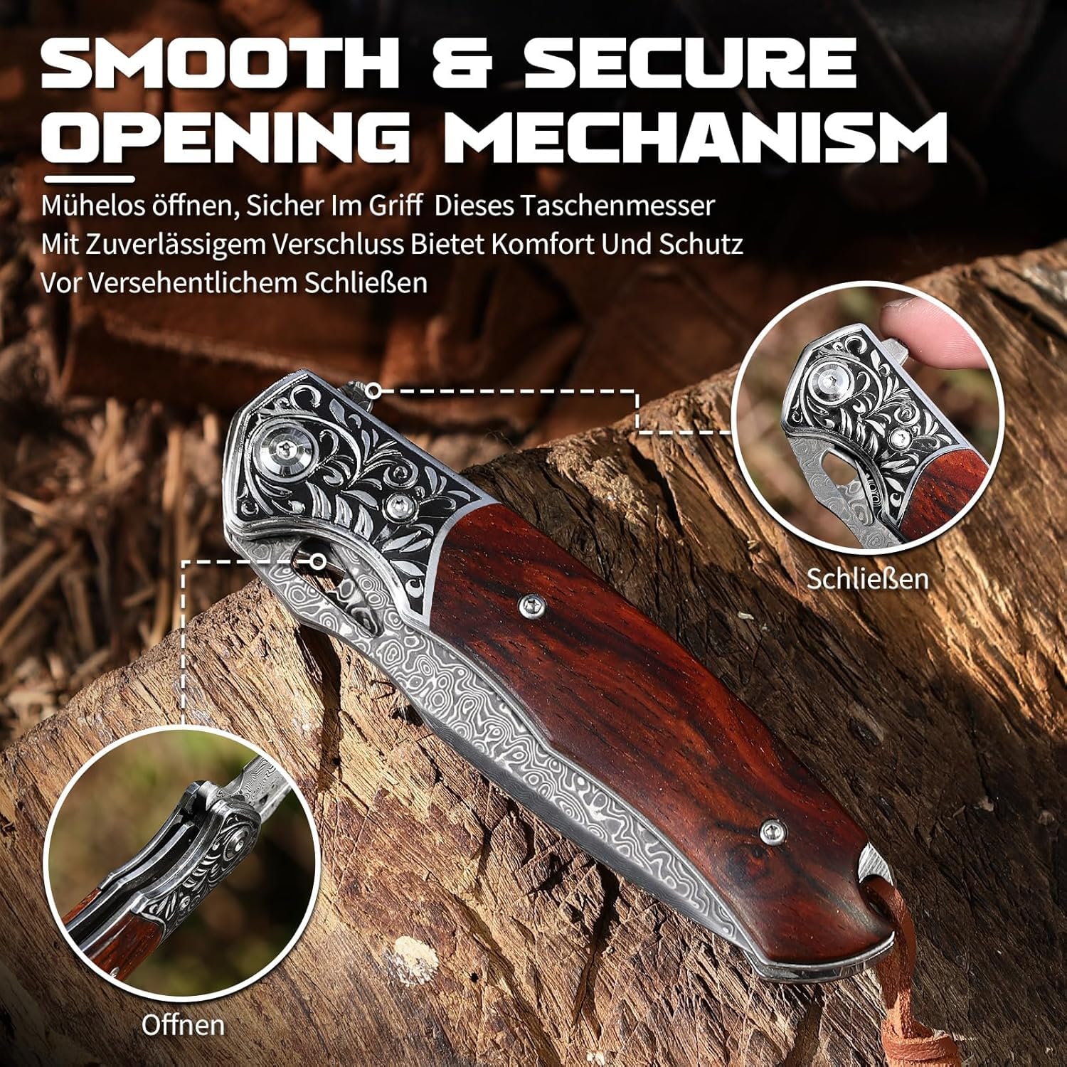 Omesio Damast VG10 Stal Scyzoryk EDC Drewniana Rękojeść Etui | Scyzoryk EDC ze stali damasceńskiej VG10, drewnianą rękojeścią i skórzaną pochwą, do campingu, wędrówek i outdoor