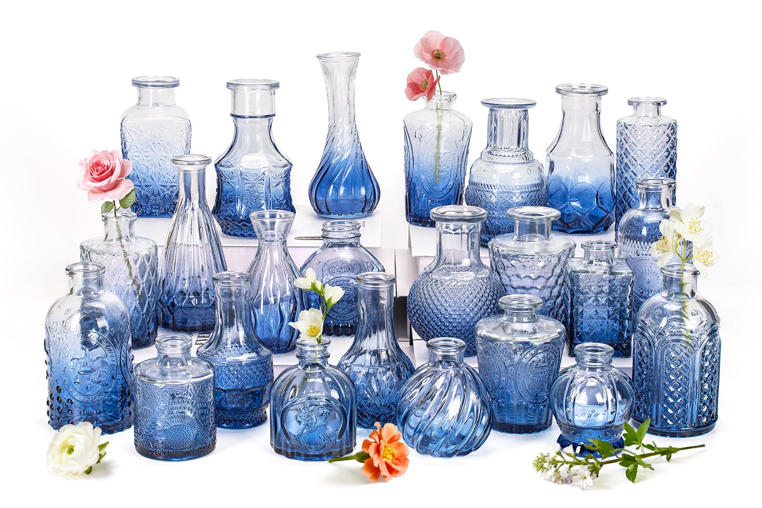 JXINDUJU Clear Gradient Blue Glass Bud Vase Set of 24 Pcs - vases | Mubboo
