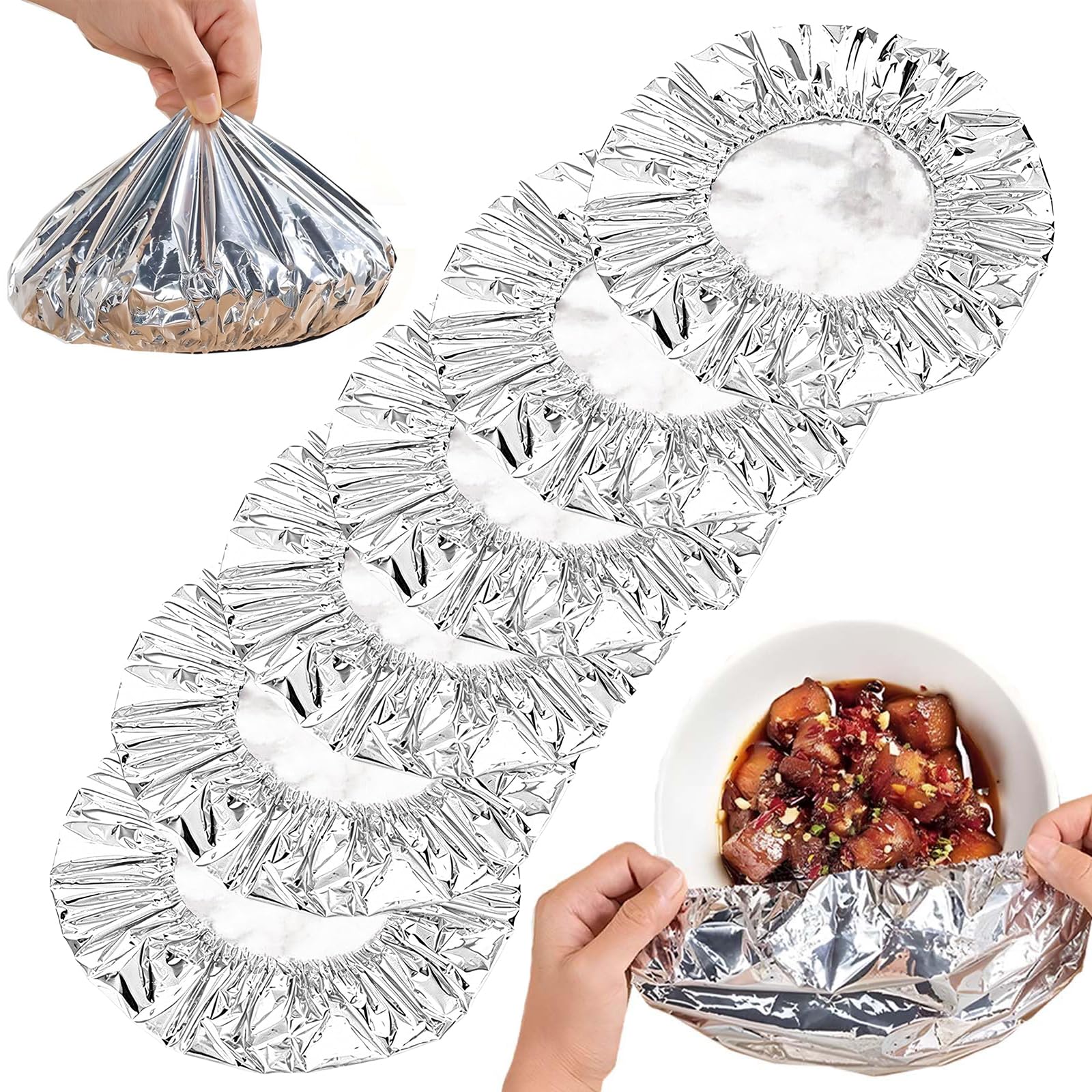 100pcs Aluminium Foil Covers for Food 20cm Reusable Foil Food Covers Elasticated Universal Aluminum Insulation Cover for Bowls Plates Storage Containers