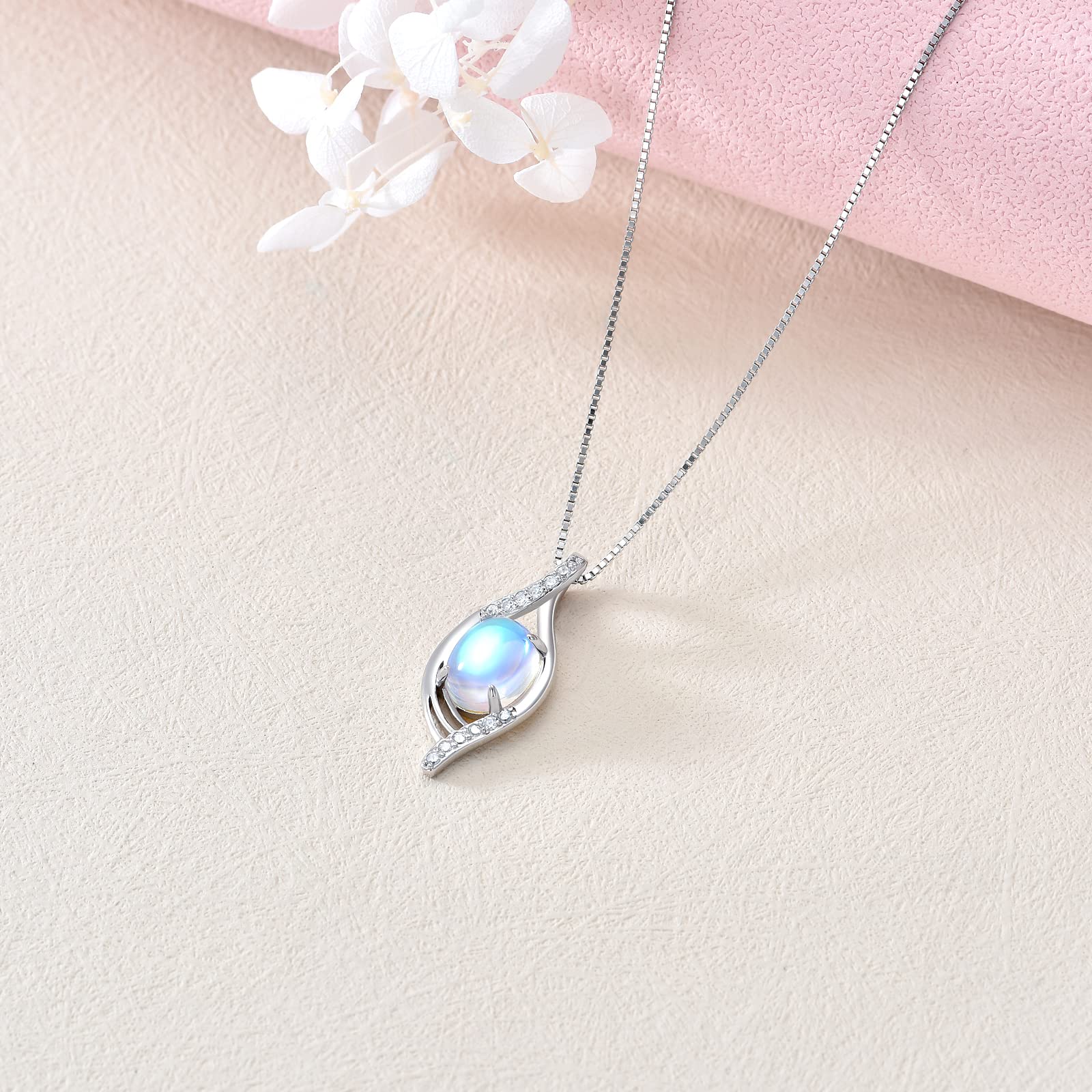 Mondstein Kette Damen 925 Sterling Silber Anhänger Halskette Tropfen Regenbogen Schmuck Geburtstag Geschenk für Mutter Mädchen
