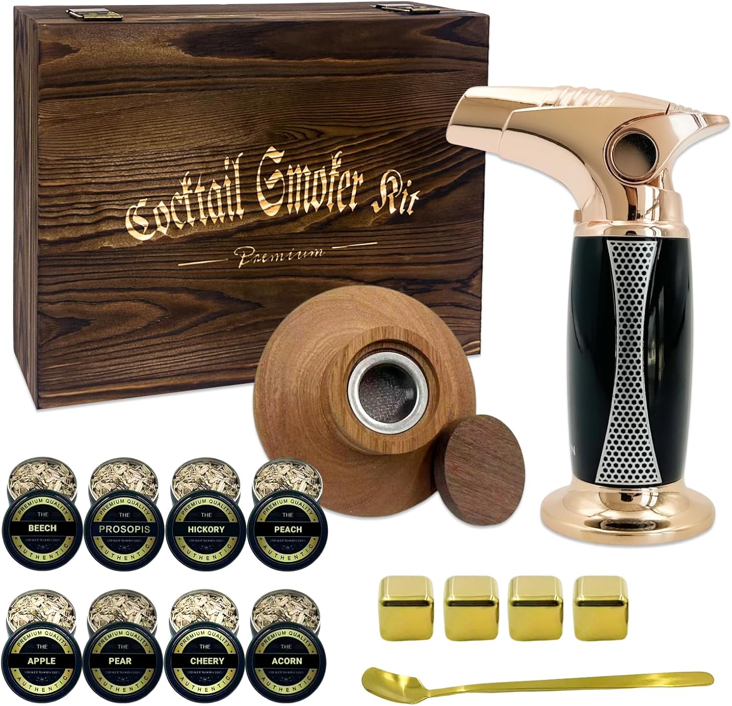 Cocktail Smoker Kit with Troch & Luxury Wooden Box & 8 Flavors Wood Chips, Whiskey & Bourbon Gifts for Men, Old Fashioned Drink Smoker kit, Alcohol Infusion Kit, (NO Butane)