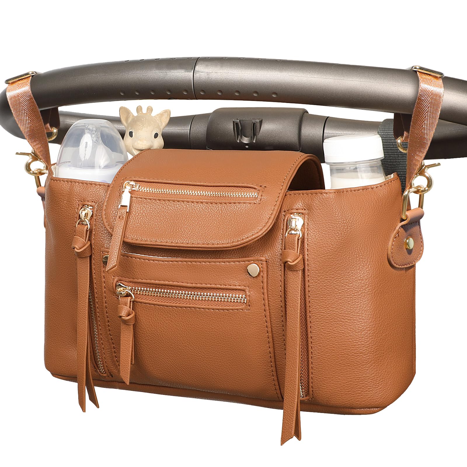 Miss Fong Kinderwagen-Organizer mit isoliertem Getränkehalter, Kinderwagen-Zubehör mit verstellbarem Gurt, passend für alle Kinderwagen (braun)