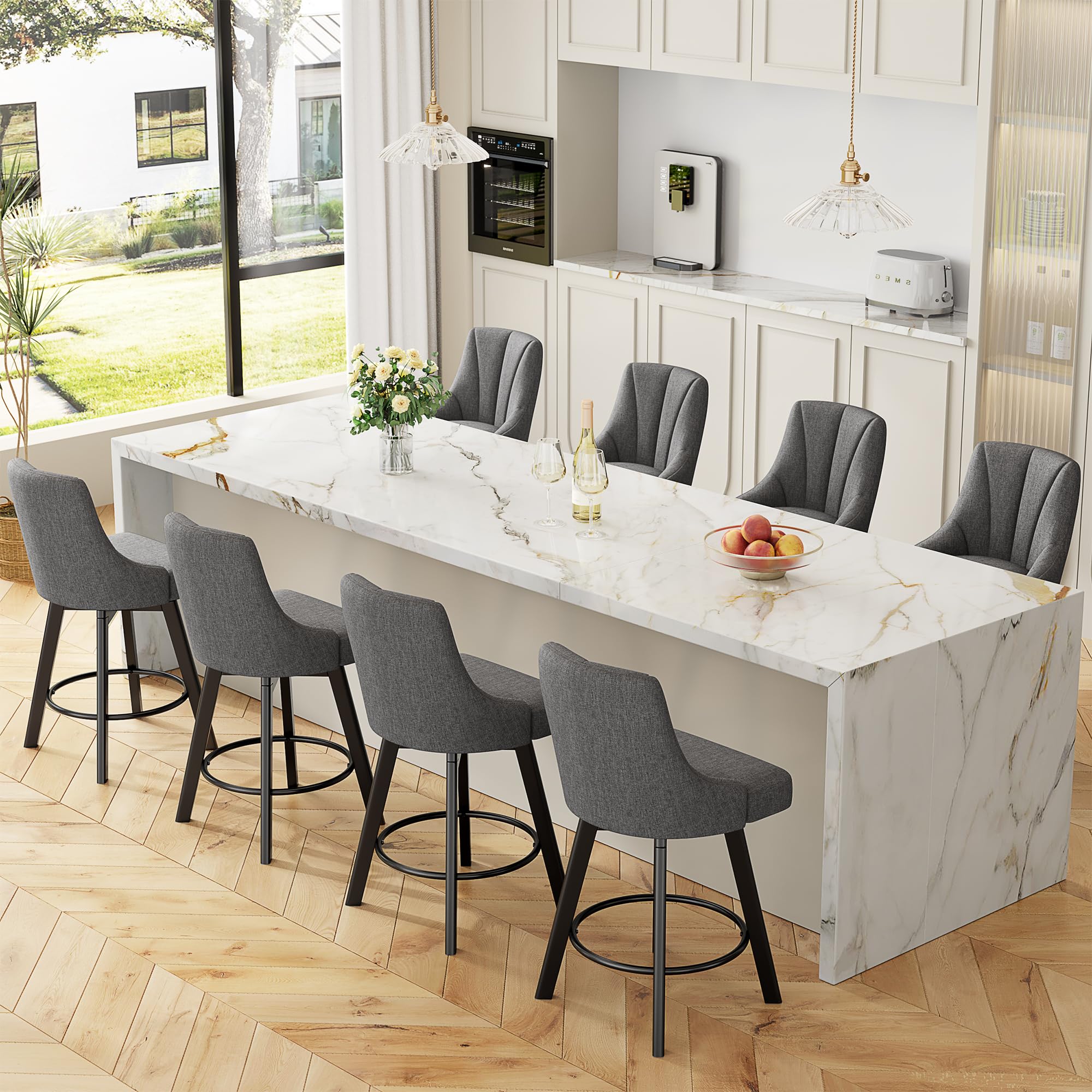 YaFiti Swivel Bar Stools with Backs, 24" Counter Height Bar Stools Set of 8, Fabric Upholstered Counter Barstools with Solid Wood Legs for Kitchen