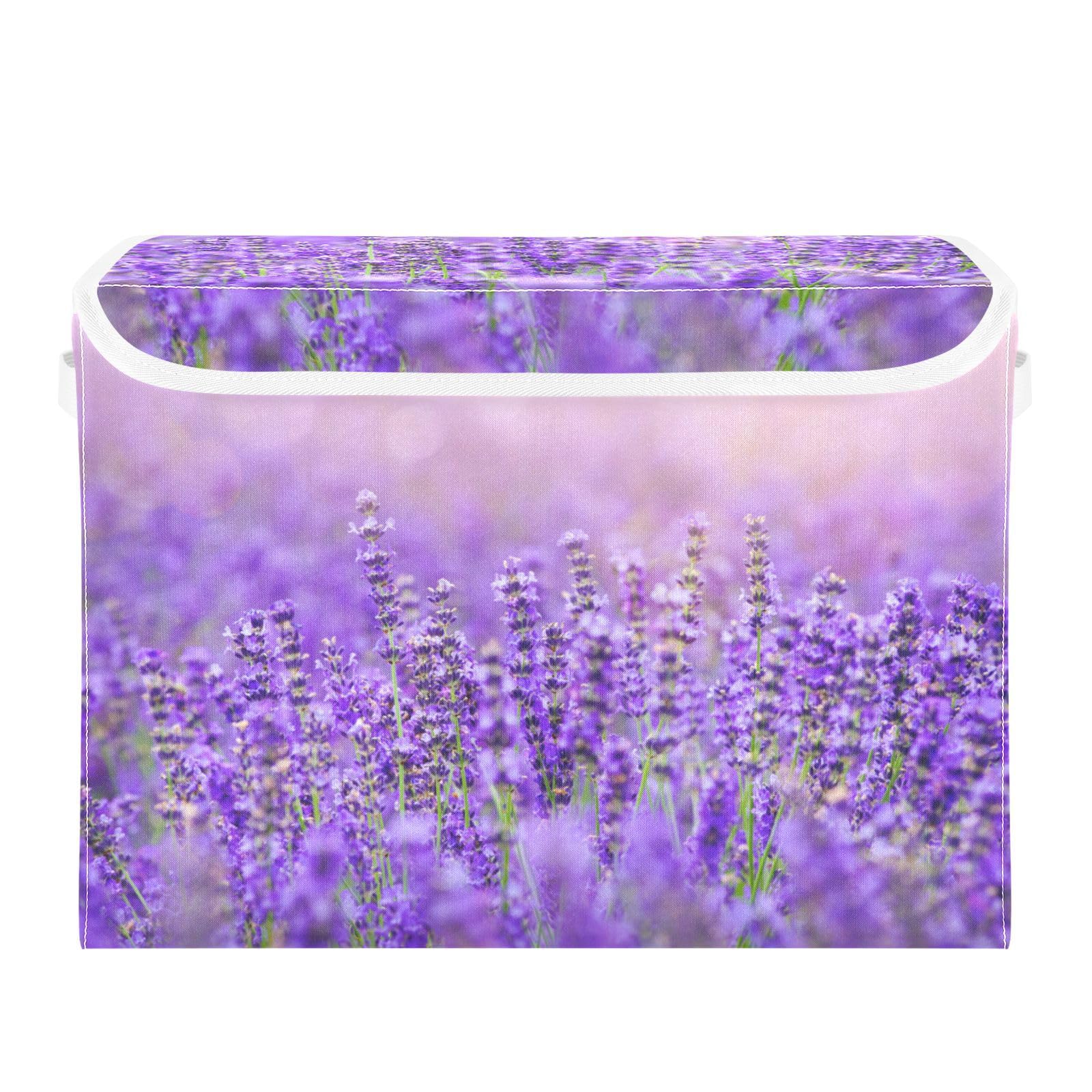Yopersonalizes Storage Boxes with Lids, Flower Lavender Collapsible Fabric Storage Cube with Handles, Storage Baskets for Shelves Clothes Toys Wardrobe 42x32x30 cm