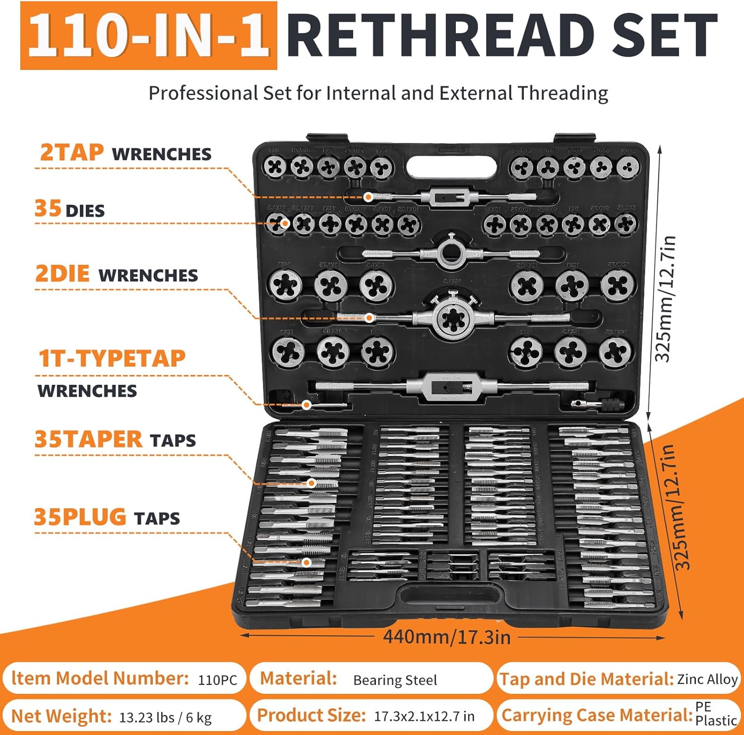 110PCS Tap and Die Set Bearing Steel Rethreading Tool Kit SAE and Metric Size M2 to M18 UNC UNF NPT Repair Tools with Complete Accessories and Storage Case for Cutting External Internal Threads