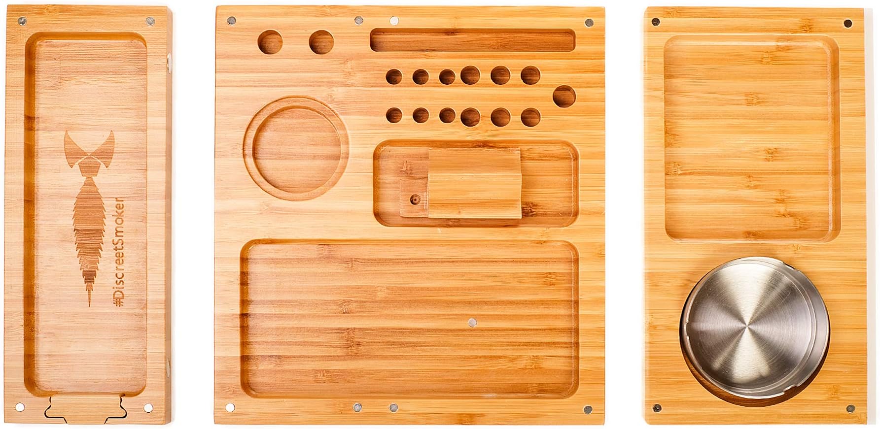 Large Bamboo Rolling Tray With Ashtray - Backflip Magnetic Box Made With Raw Natural Material