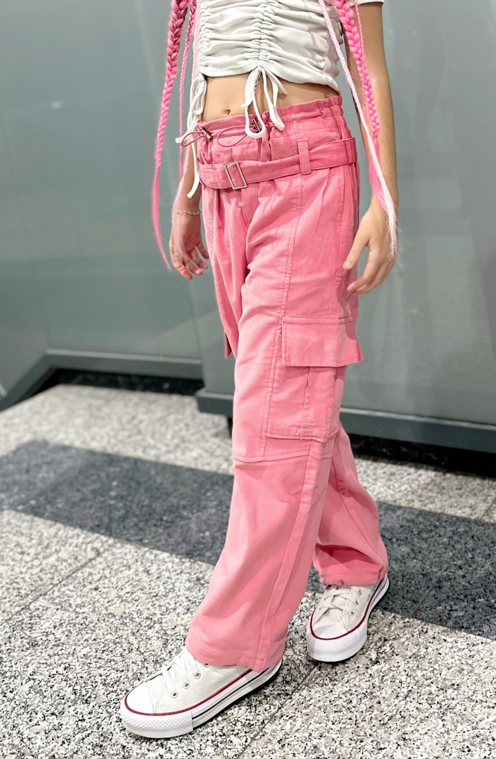 Pantalones de Carga para Niñas con Cinturón Ajustable Elástico de Cintura Alta Corduroy Joggers Niños Hip Hop Danza