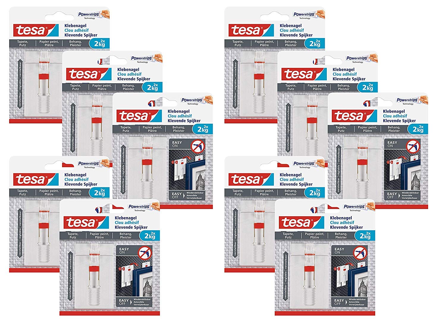 tesa Verstellbarer Klebenagel (für Tapeten und Putz 2 kg, Höhenverstellbarer, selbstklebender Wandnagel, bis zu 2 kg Halteleistung pro Nagel) 2er Pack (10 Packungen / 2 kg)