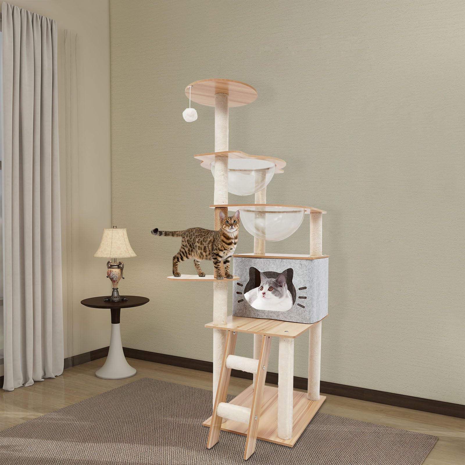Rascador de madera, moderno árbol rascador para gatos con cueva para gatos, 50 × 40 × 135 cm, rascador para gatos grandes, estable, para 3-4 gatos pequeños y grandes, hasta 10 kg, gris