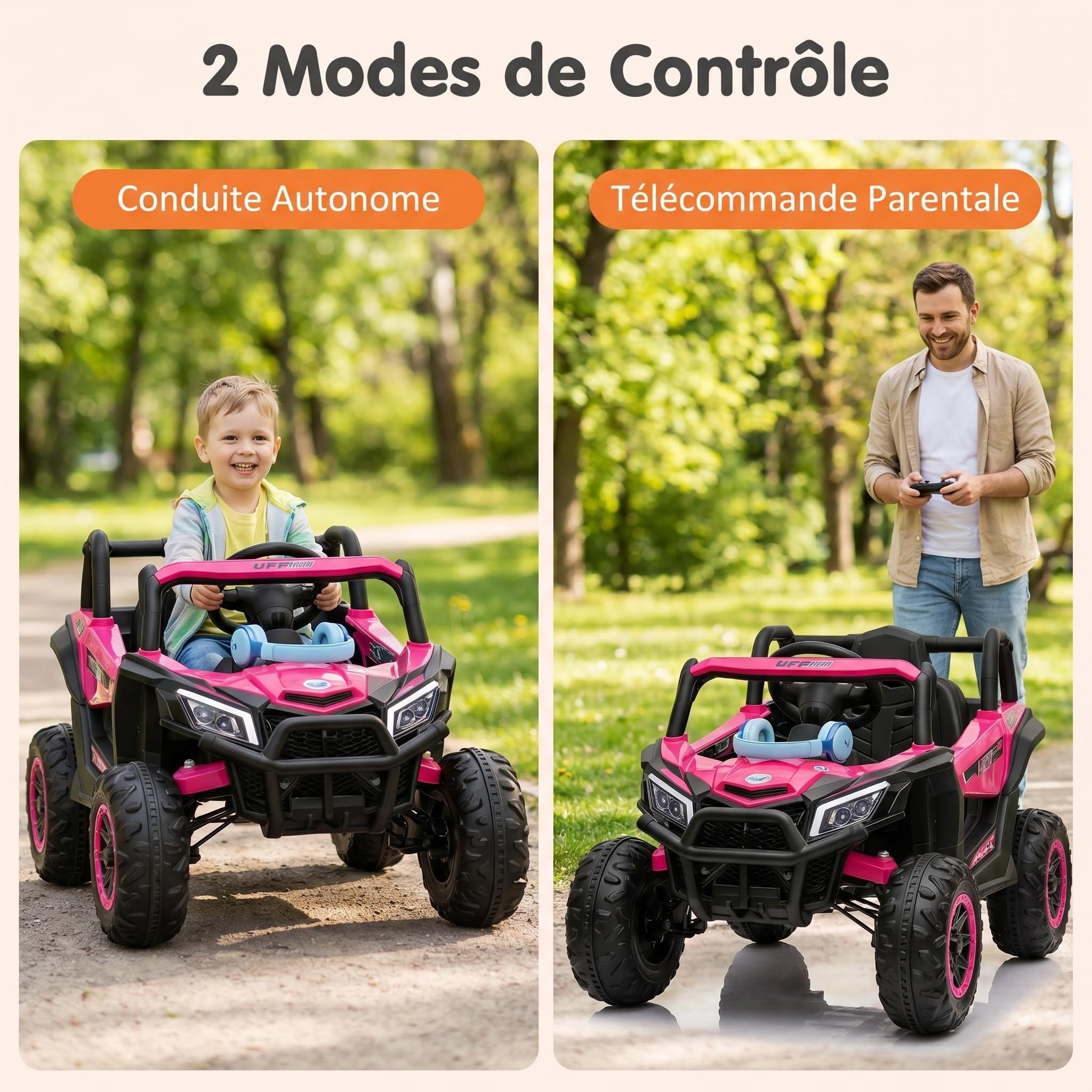 12V Voiture Électrique Télécommandée Enfant 3-6 Ans Véhicule 3 Vitesse Phares LED Quad Tout Terrain Effets Sonores Et Lumineux Jardin Gazon Goudron Grande Autonomie Rose Fuchsia