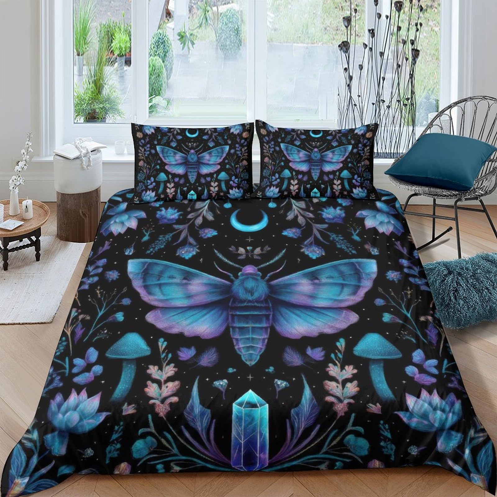 Ctjqhvkz Style-7 3D Printed Moth Moon Fitted Sheet Microfiber Black Blue Crystal Floral Bed Cover For Bedroom Dorm Mattress Protection Single（135X200cm）