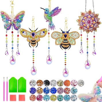 5Pcs Diamond art Kits for Kids/Adults, Crafts for Kids Ages 8-12, DIY Diamond Painting art Wind Chimes Crystal Window Suncatcher Craft, Birthday Gifts for 7 8 9 10 11 Year Old Girls, Home Garden Decor