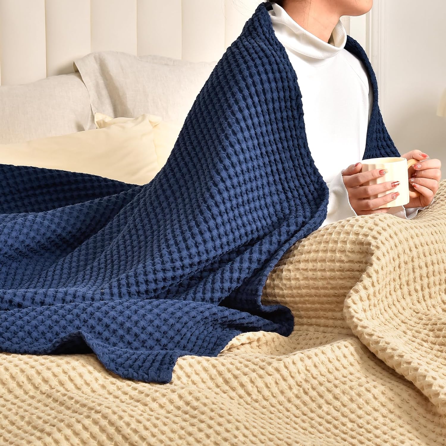 PHF 400GSM 100% Washed Cotton Waffle Weave Blanket, Cozy Breathable Skin-Friendly Throw King Size for All Season, Luxury Fall Layer Bedspread for Couch Bed, Elegant Home Decor,Navy Blue, 104"x90"