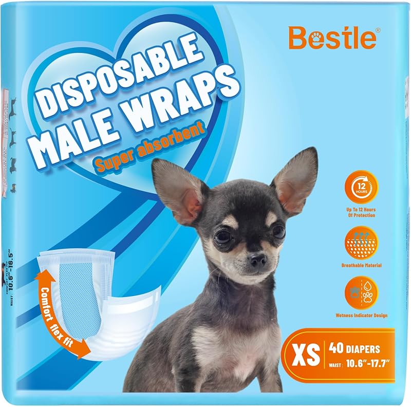 Fralda descartável para cães machos BESTLE com indicador de umidade, tamanho XS, pacote com 40
