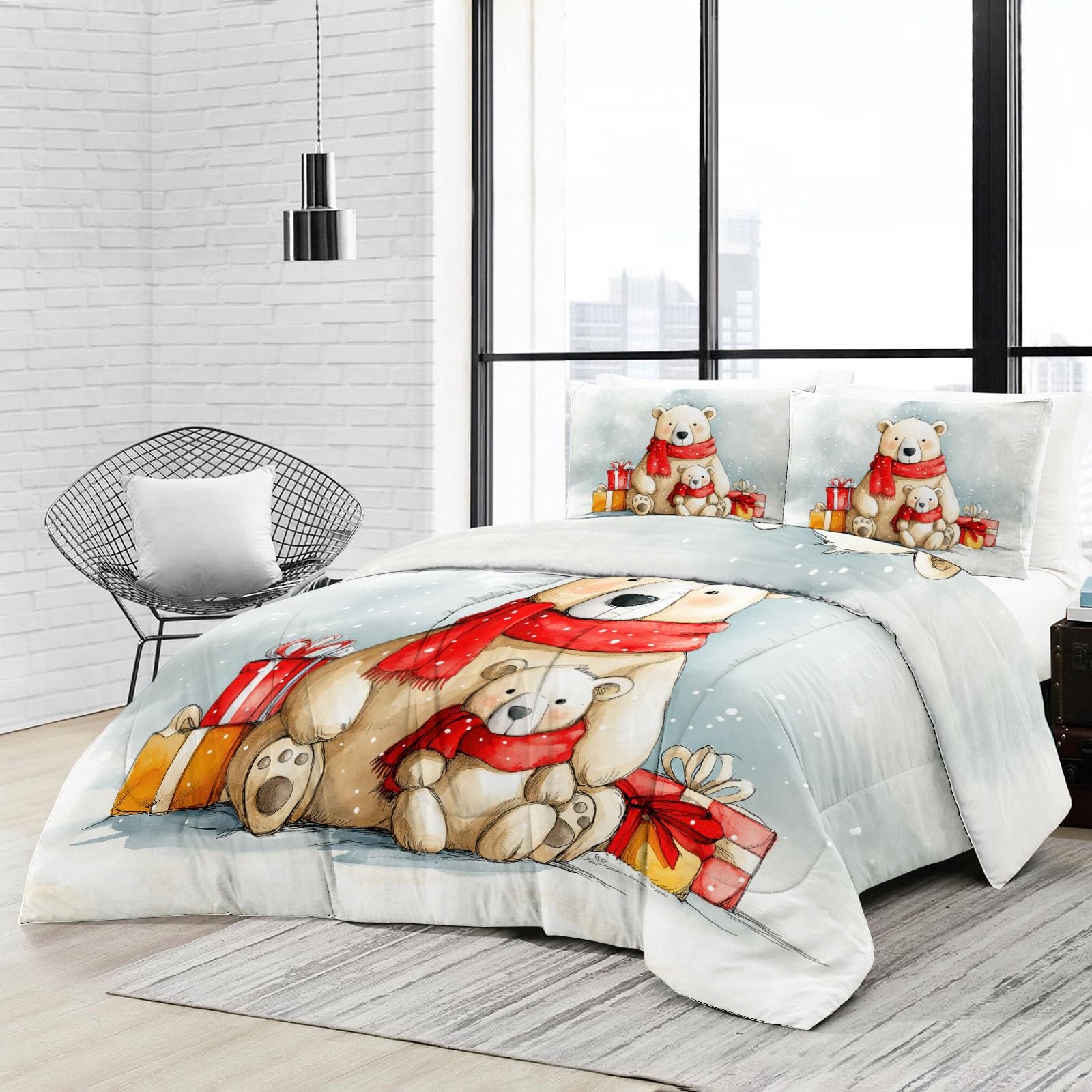 Kremowa kołdra bez poszewki, 220 x 240 cm, kołdra 220 x 240 cm z poszewką na poduszkę 80 x 80 – 2-częściowy zestaw pościeli dla alergików, nadaje się do prania, akwarela, płatki śniegu, misie