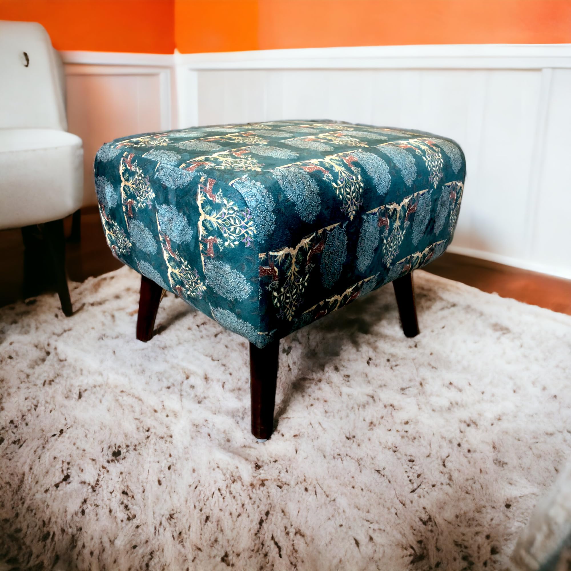 The Artage Puffy Stool for Living Room Sitting Printed Premium Foam Cushioned Pouffe Ottoman for Foot Rest Stool for Home Decor Furniture with 4 Wooden Legs (Floral) (Forest Green)
