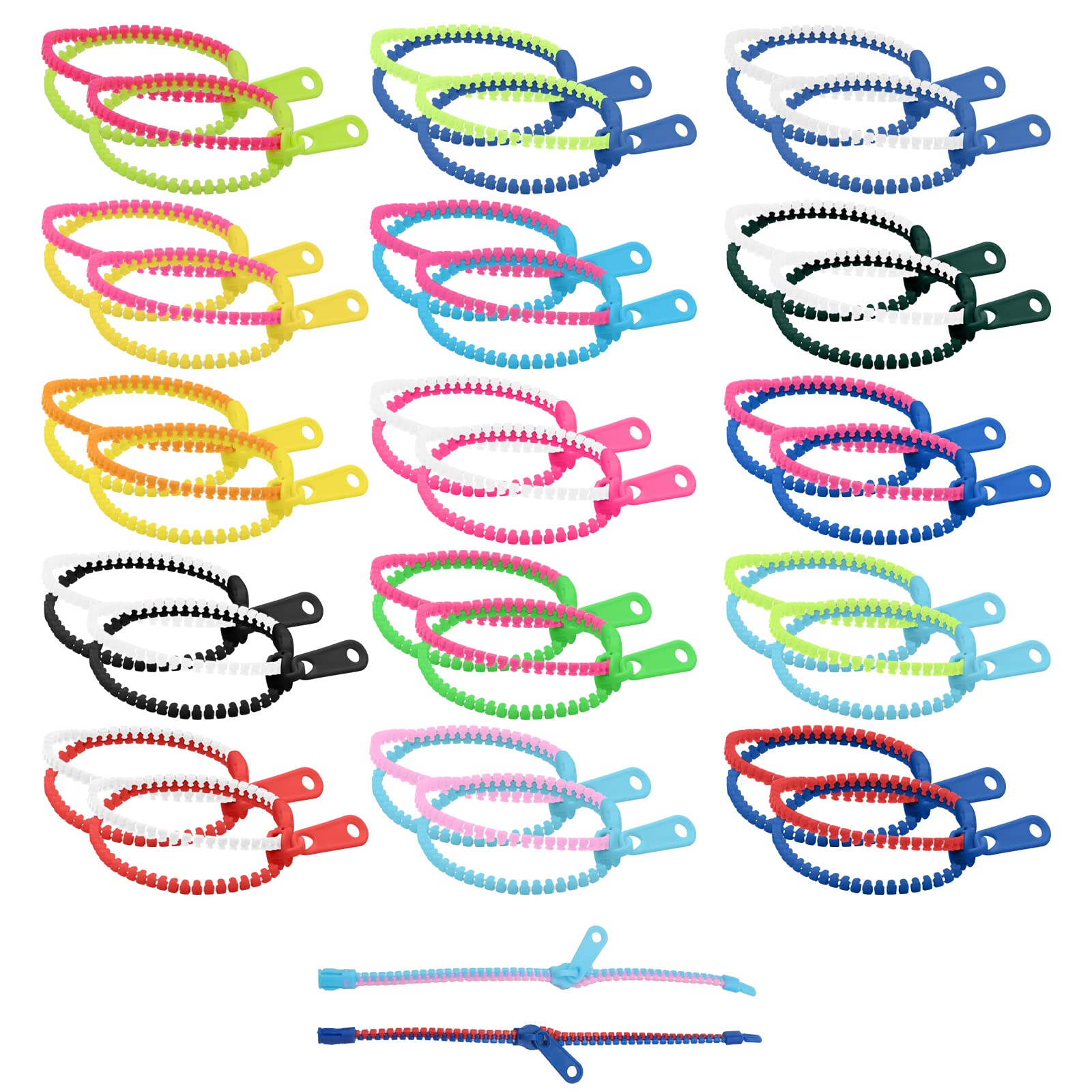 ZOCONE 30 PCS Zipper Bracelets Colorful Fidget Bracelet Sensory Toys Stress Relief Fidget Zipper Bracelets for Kids Bulk Bracelets for Boys and Girls Party Favors(15 Color x 2)