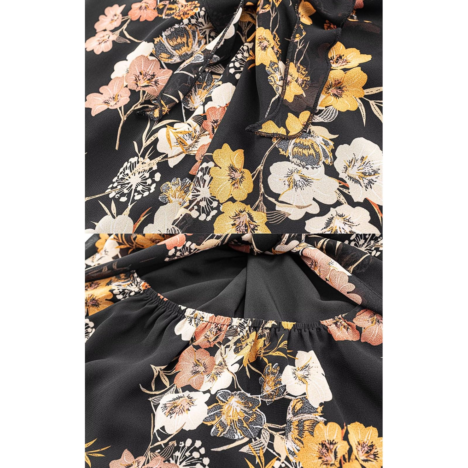esmen Top Camisola con Cuello Halter Estilo Retro for Mujer Escote en V Profundo Estampado de Volantes el Pecho y Lazo Grande Base Negra
