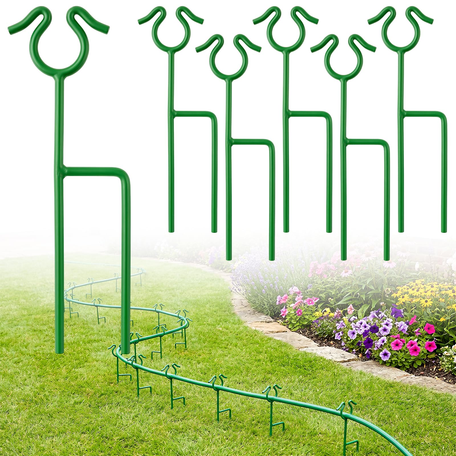 HolyMaji 6 Pack Garden Hose Guide Stakes, 14 inch Metal Hose Guides for Garden Heavy Duty Rustproof Coated Spike Keeps Water Hose Out of Flower Beds Outside Lawn & Yard Plant Protection (Green)