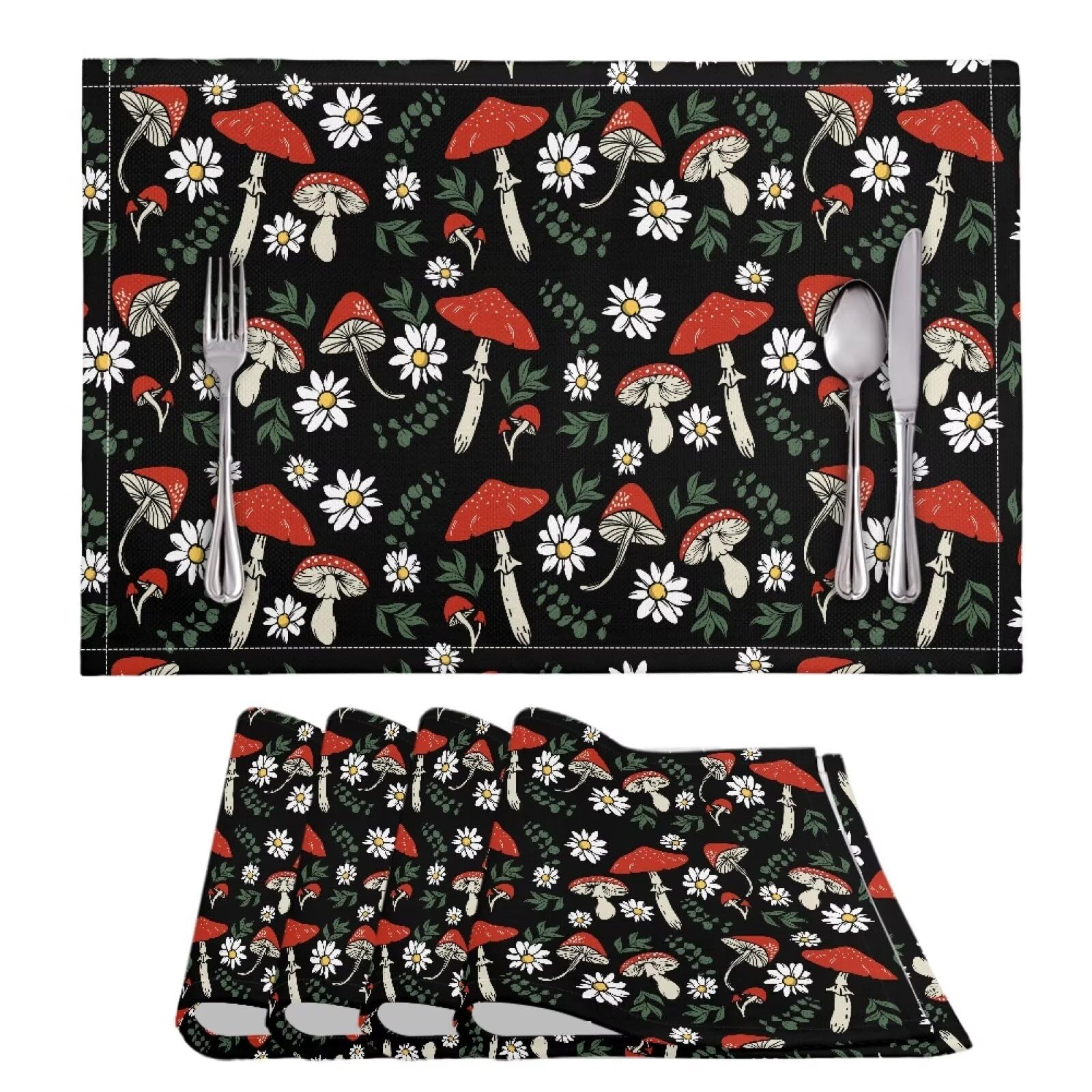 Urndoeng Mushroom Place Mats,Table Placemats Set of 4,Dining Table Set,Table Placemats,Mushroom Table Mats Set,Mushroom Full Print 4pc