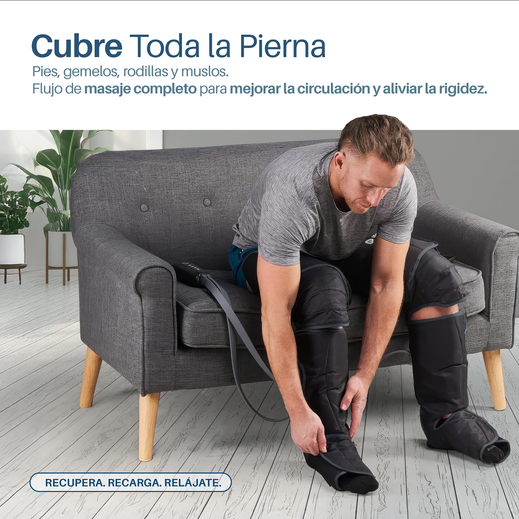 PORTENTUM Botas de presoterapia para casa con calor regulable – Masajeador piernas con 5 niveles de compresión de aire – Mando – Alivia piernas cansadas y mejora la circulación – Bolsa transporte